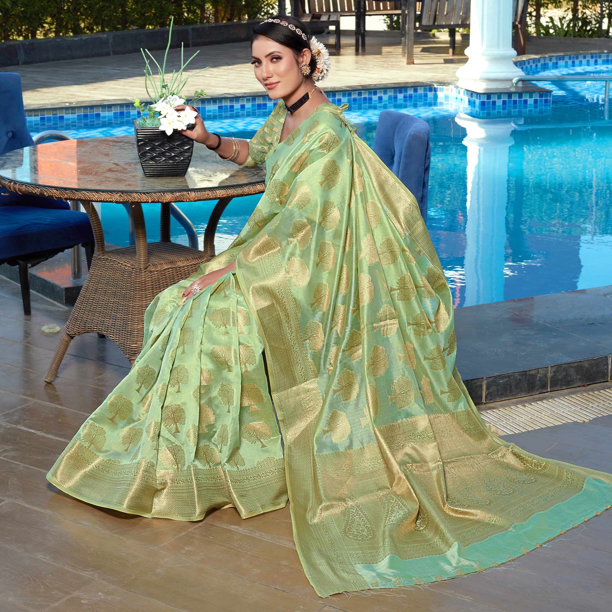 Sea Green Woven Organza Saree