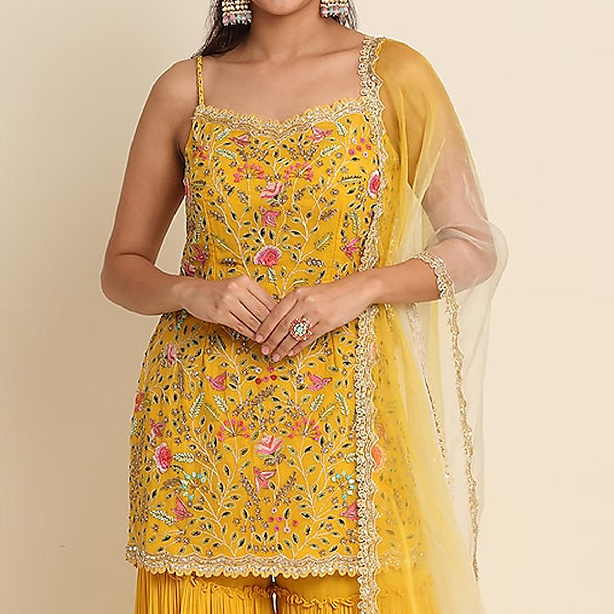 Yellow Floral Sequins Embroidered Georgette Sharara Suit