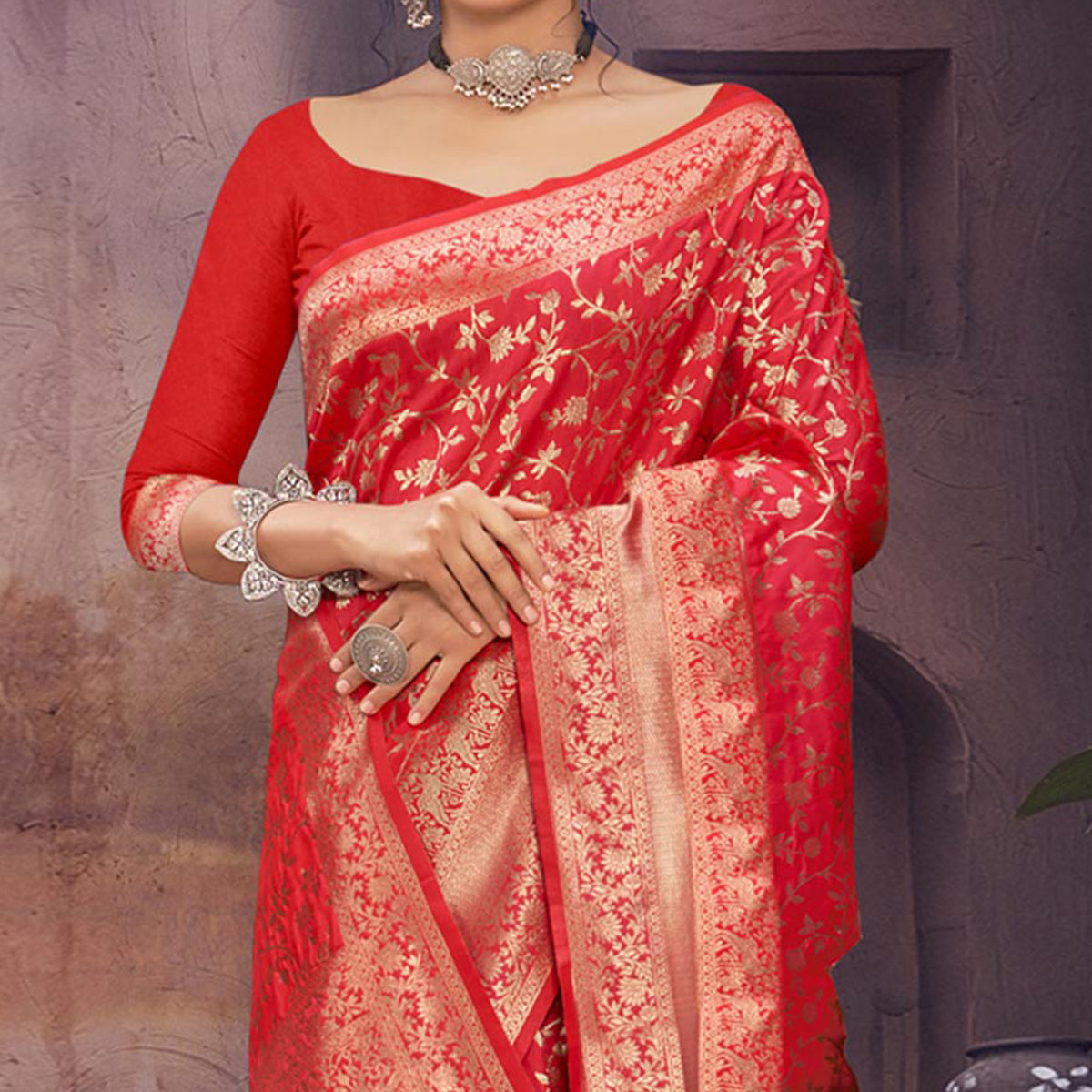 Red Floral Woven Art Silk Saree