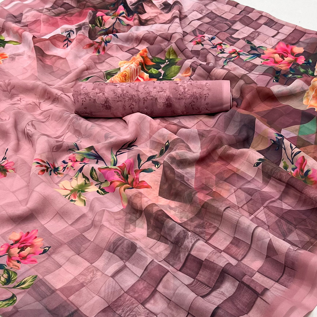 Peach Digital Printed Georgette Saree