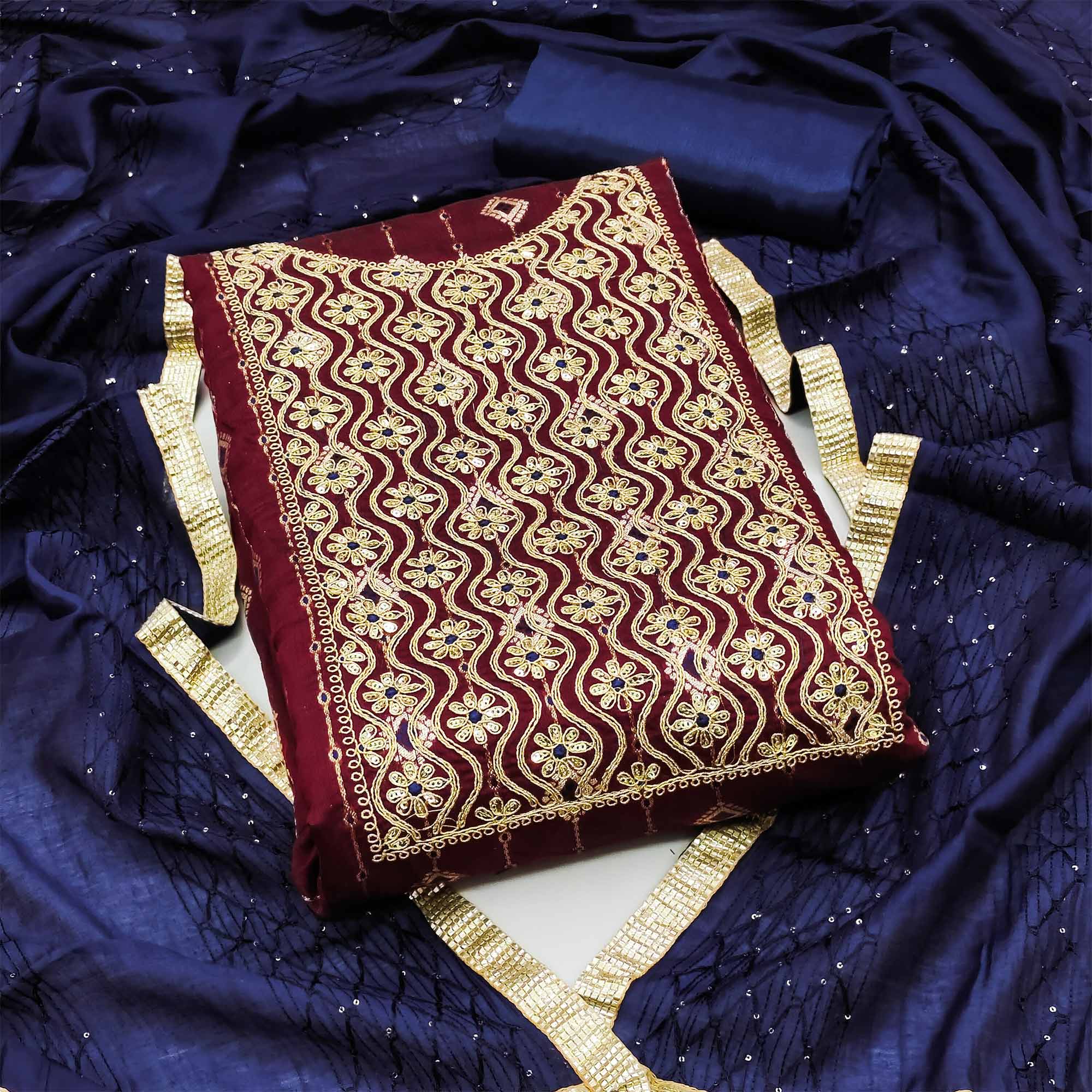 Maroon Woven With Embroidered Modal Dress Material