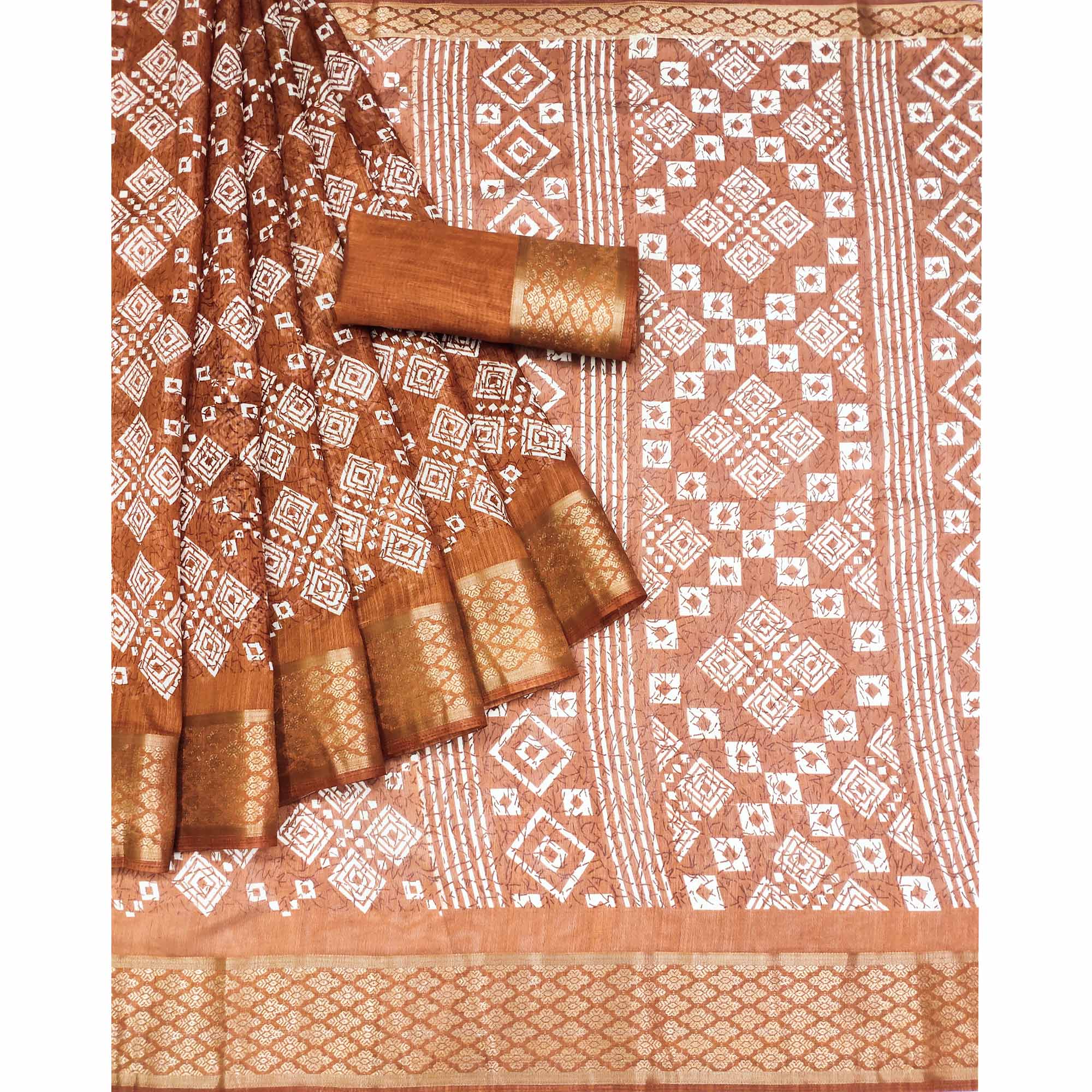 Rust Printed Cotton Silk Saree