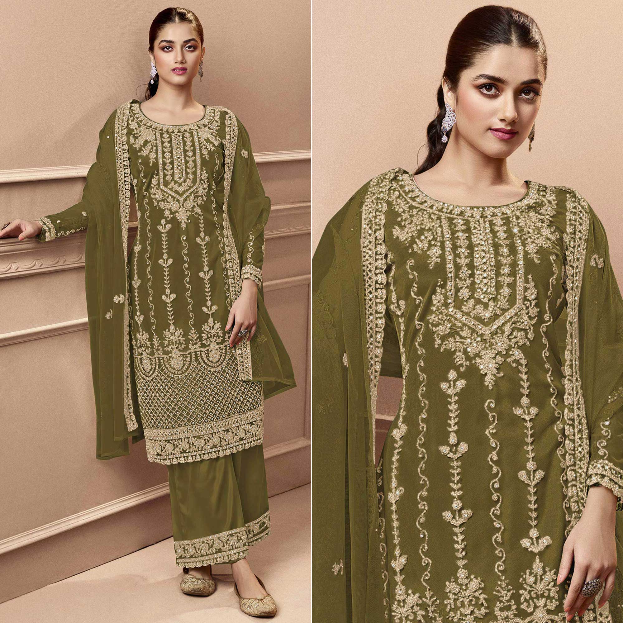 Mahendi Green Floral Embroidered Netted Pakistani Suit