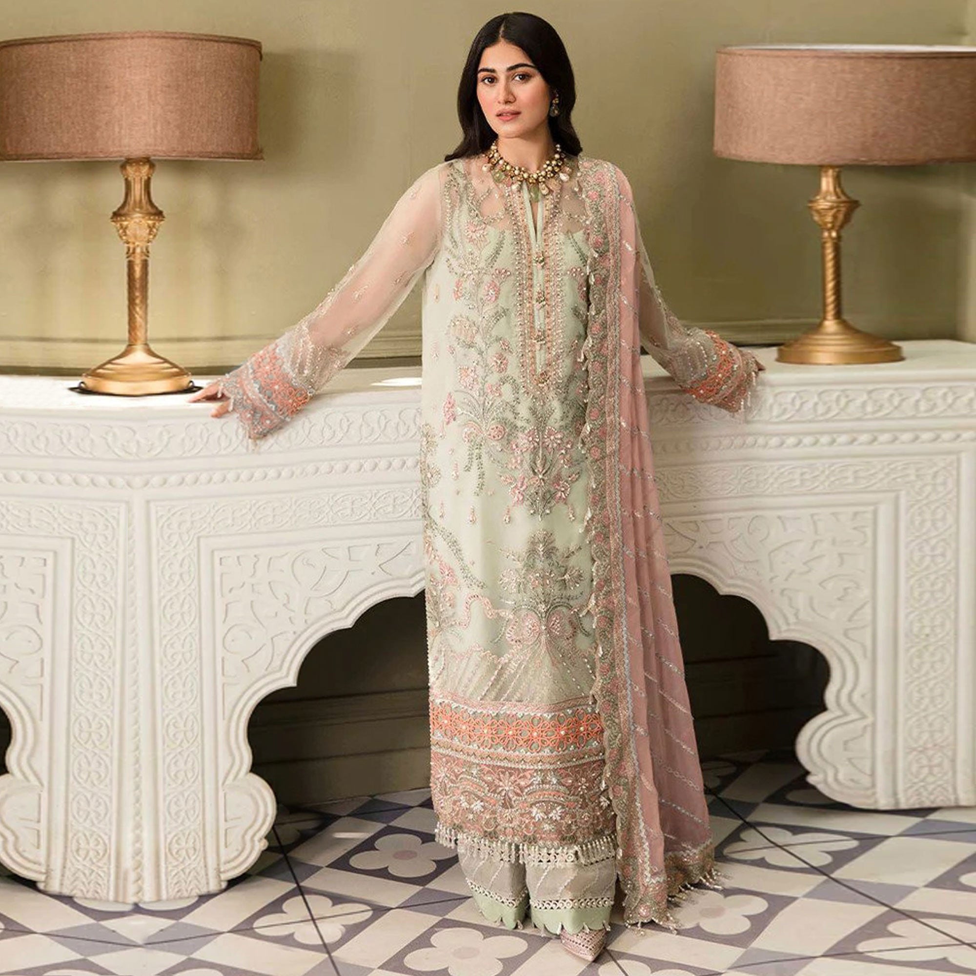 Pista Green And Peach Heavy Embroidered Georgette Pakistani Suit