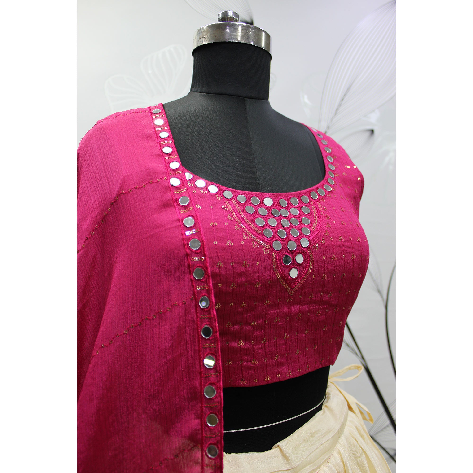 Cream Foil Printed Chiffon Lehenga Choli