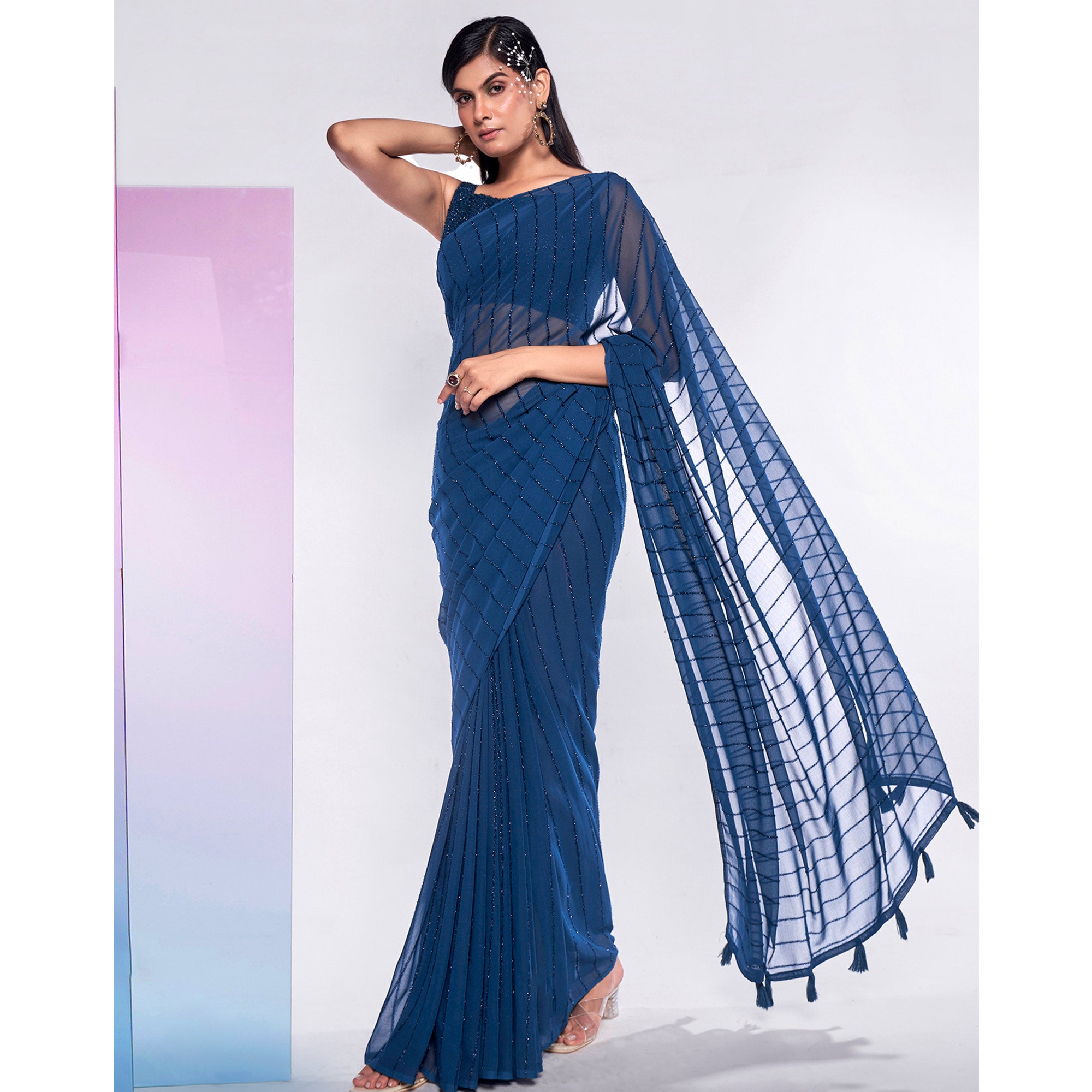 Teal Blue Embroidered Georgette Saree