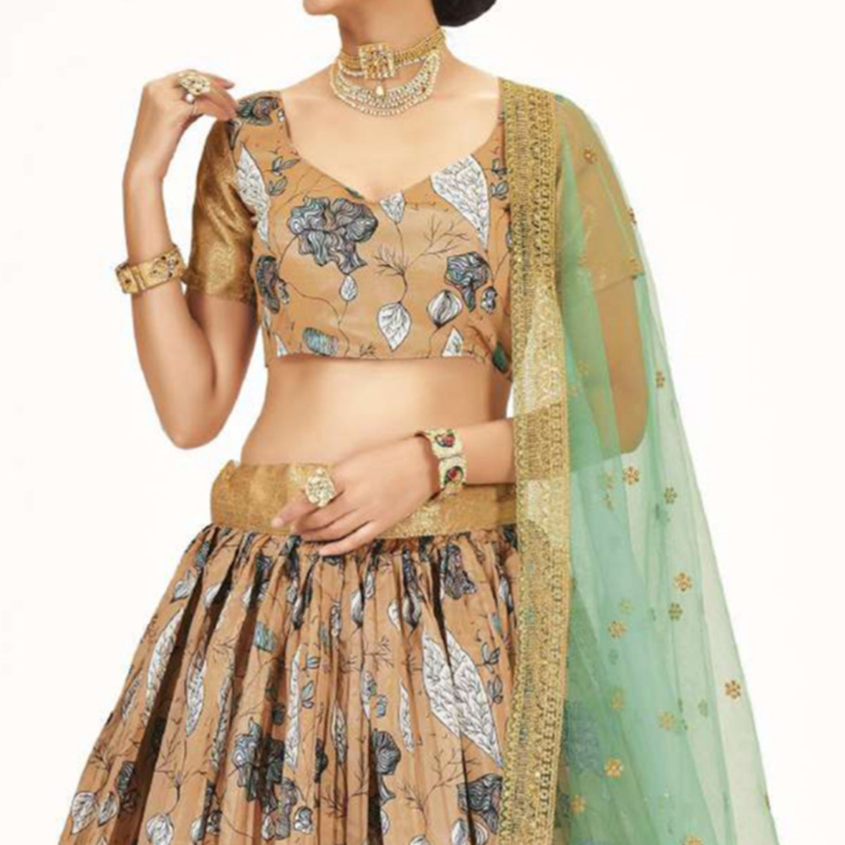 Light Brown Digital Printed With Zari Work Art Silk Lehenga Choli