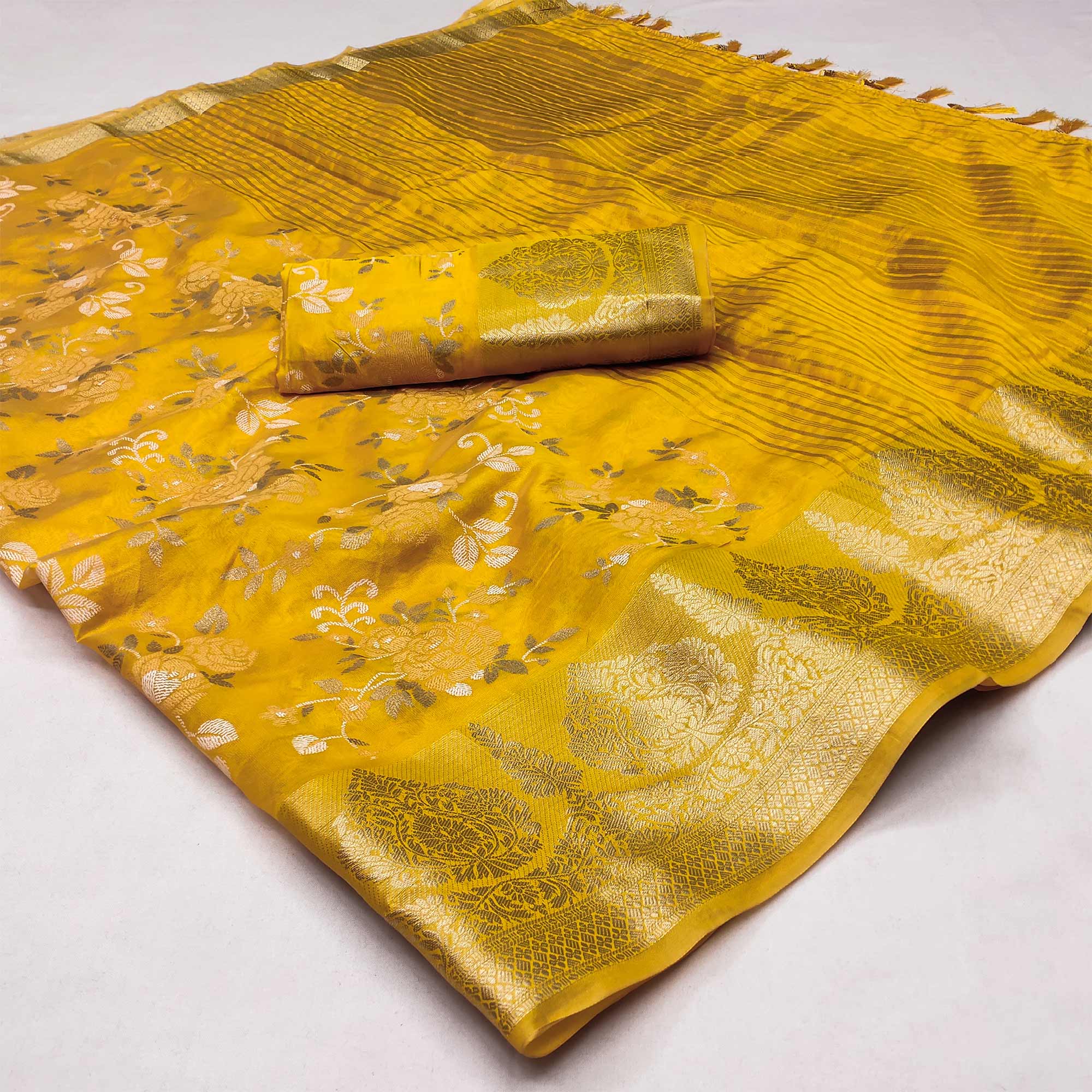 Yellow Woven Organza Saree With Tassels