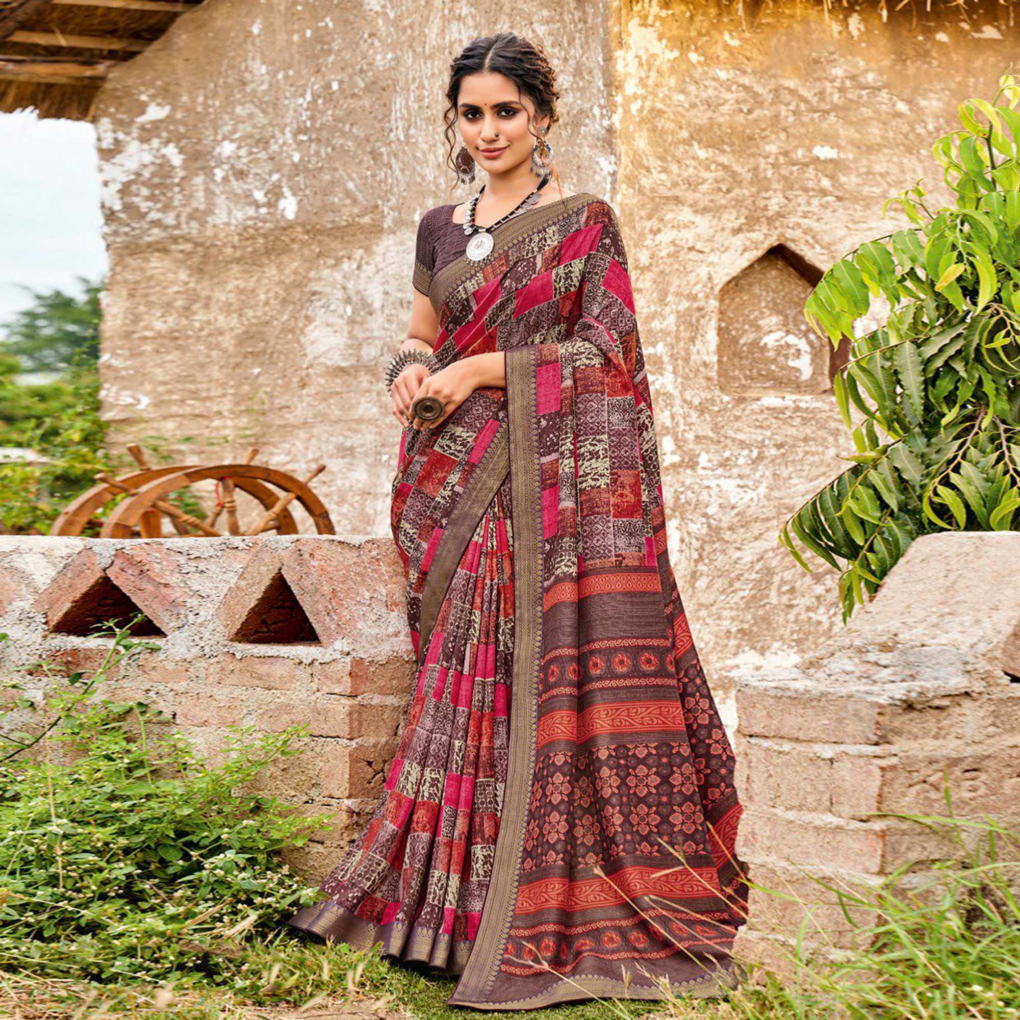 Multicolor Printed With lace Border Tussar Silk Saree