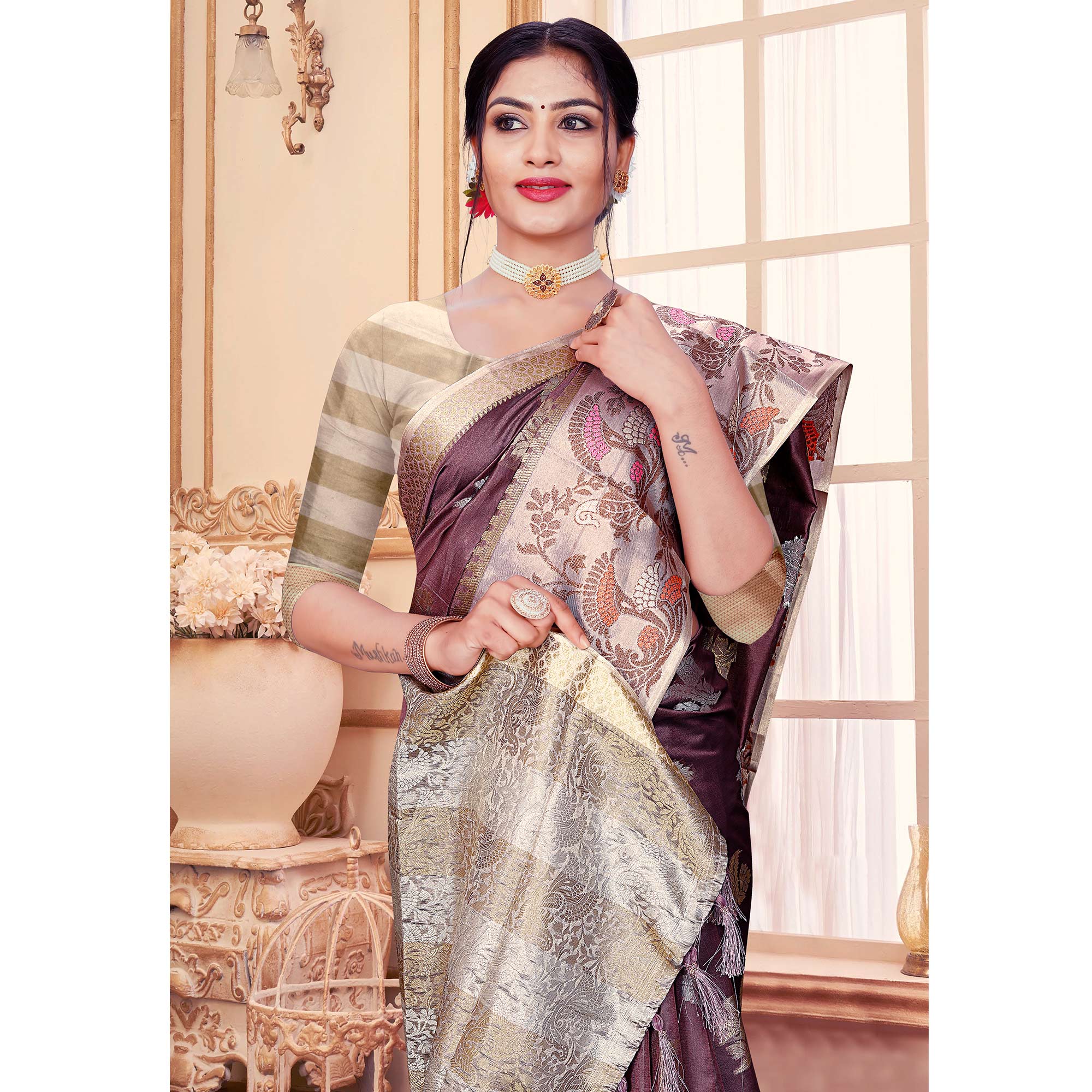 Dark Mauve Floral Woven Organza Saree With Tassels