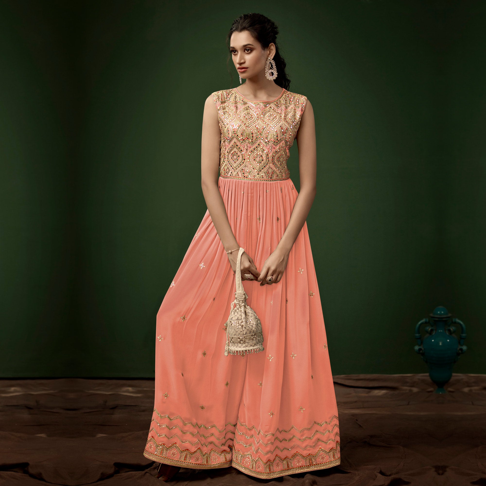 Peach Sequins With Mirror Embroidered Georgette Jumpsuit