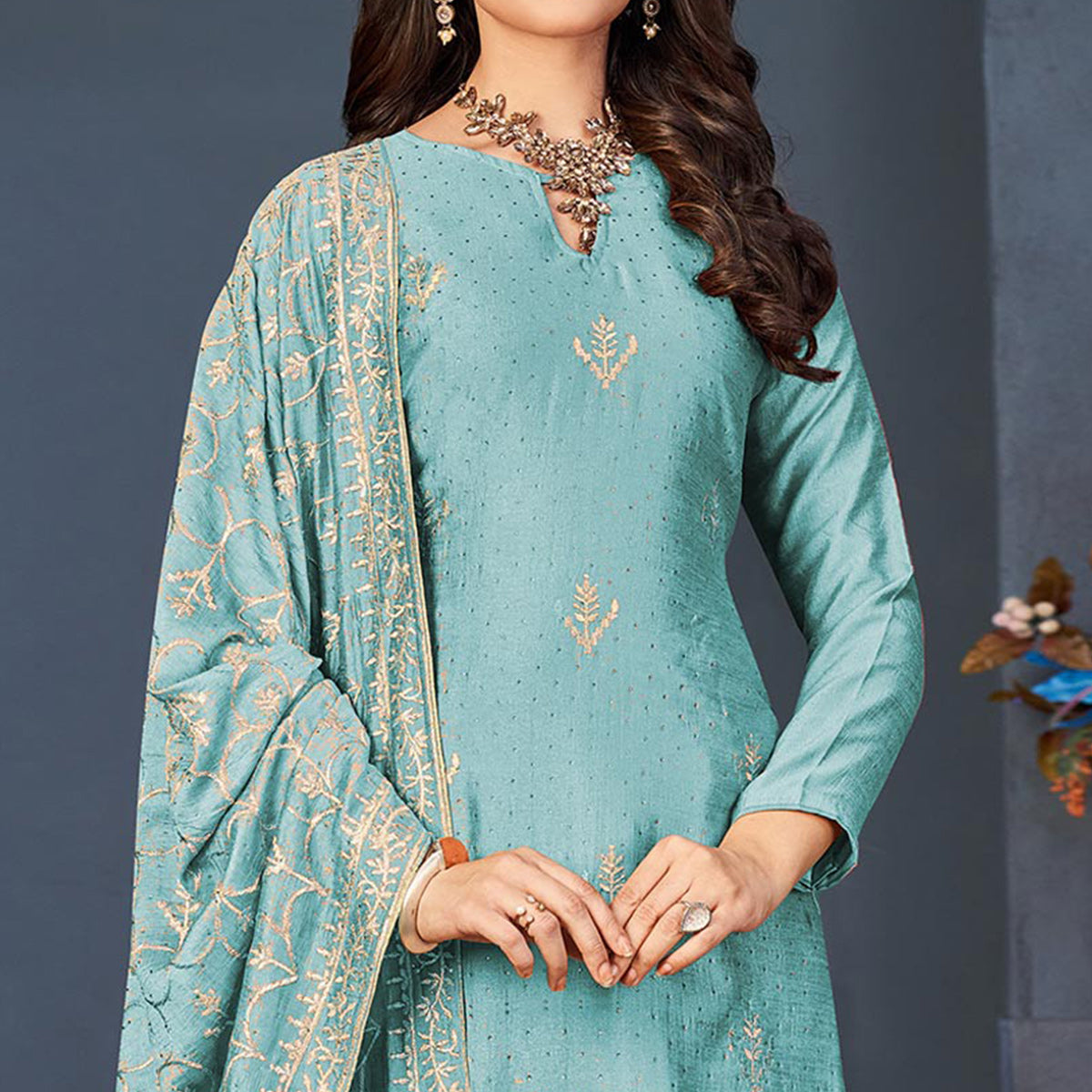 Sky Blue Sequins Embroidered Dola Silk Suit