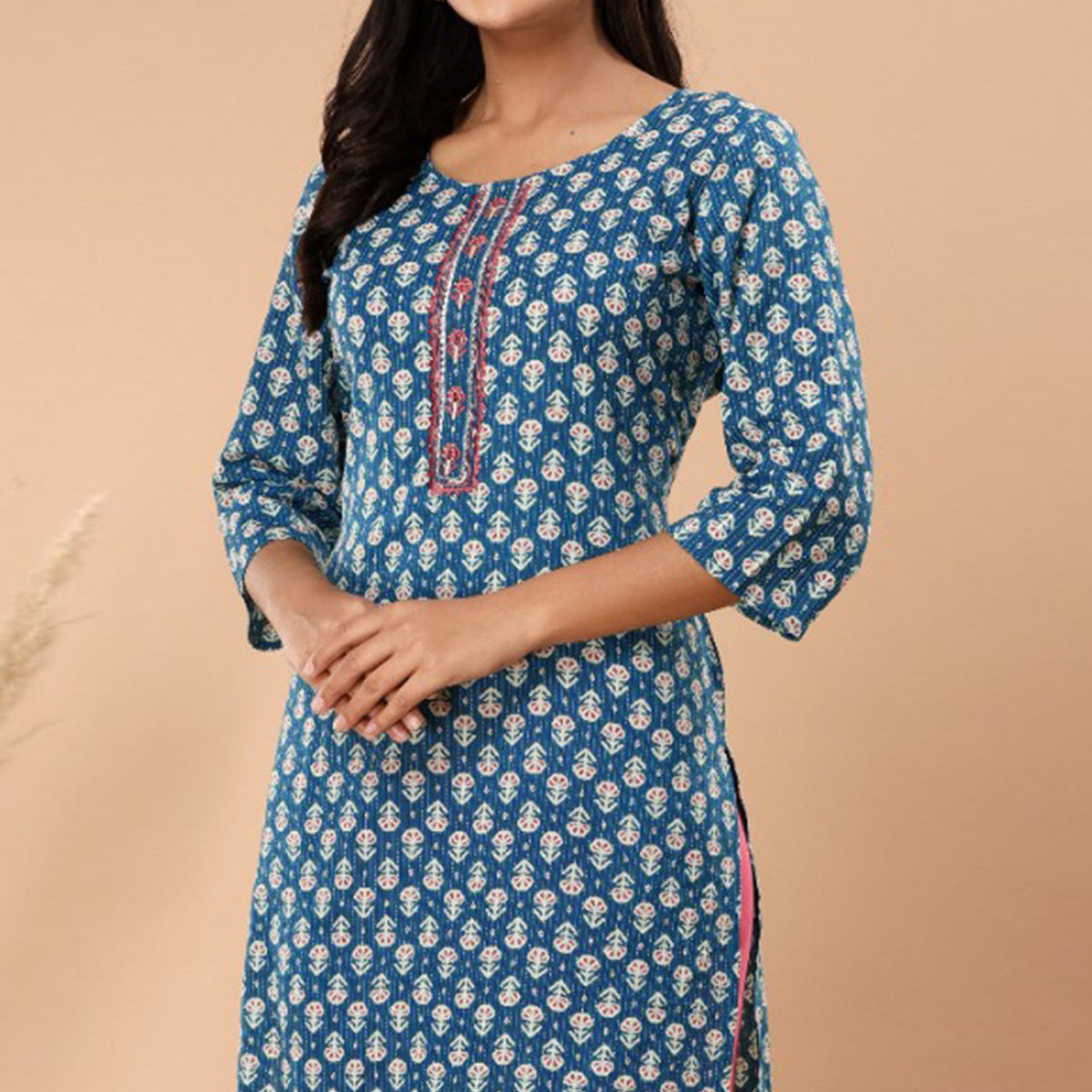 Blue Floral Printed Pure Cotton Kurti