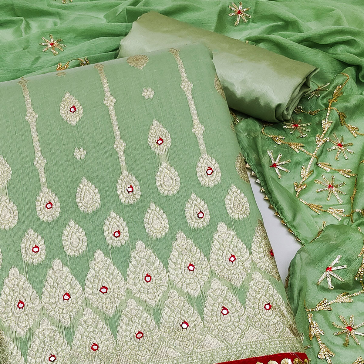 Green Woven Banarasi Silk Dress Material