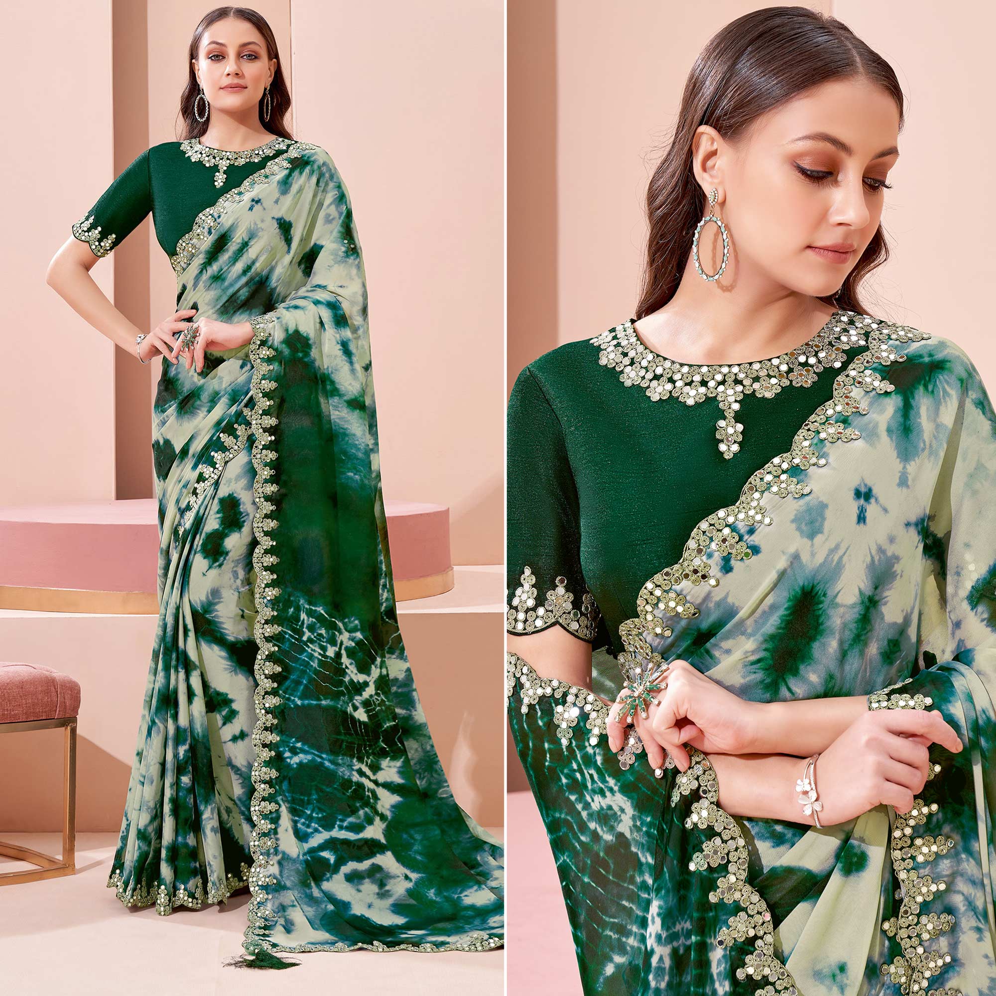 Beige & Green Printed With Mirror Work Georgette Saree