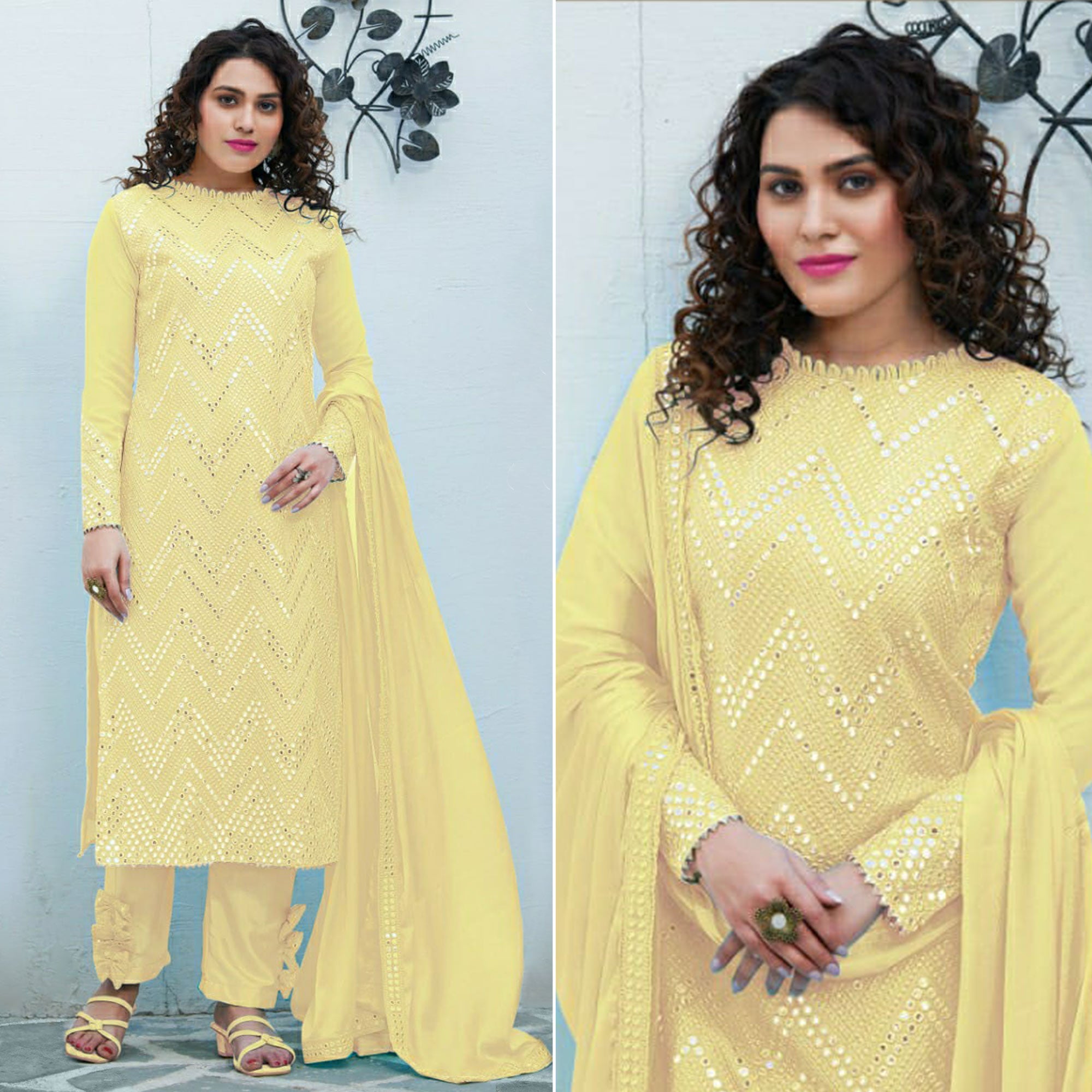 Yellow Mirror Embroidered Georgette Suit