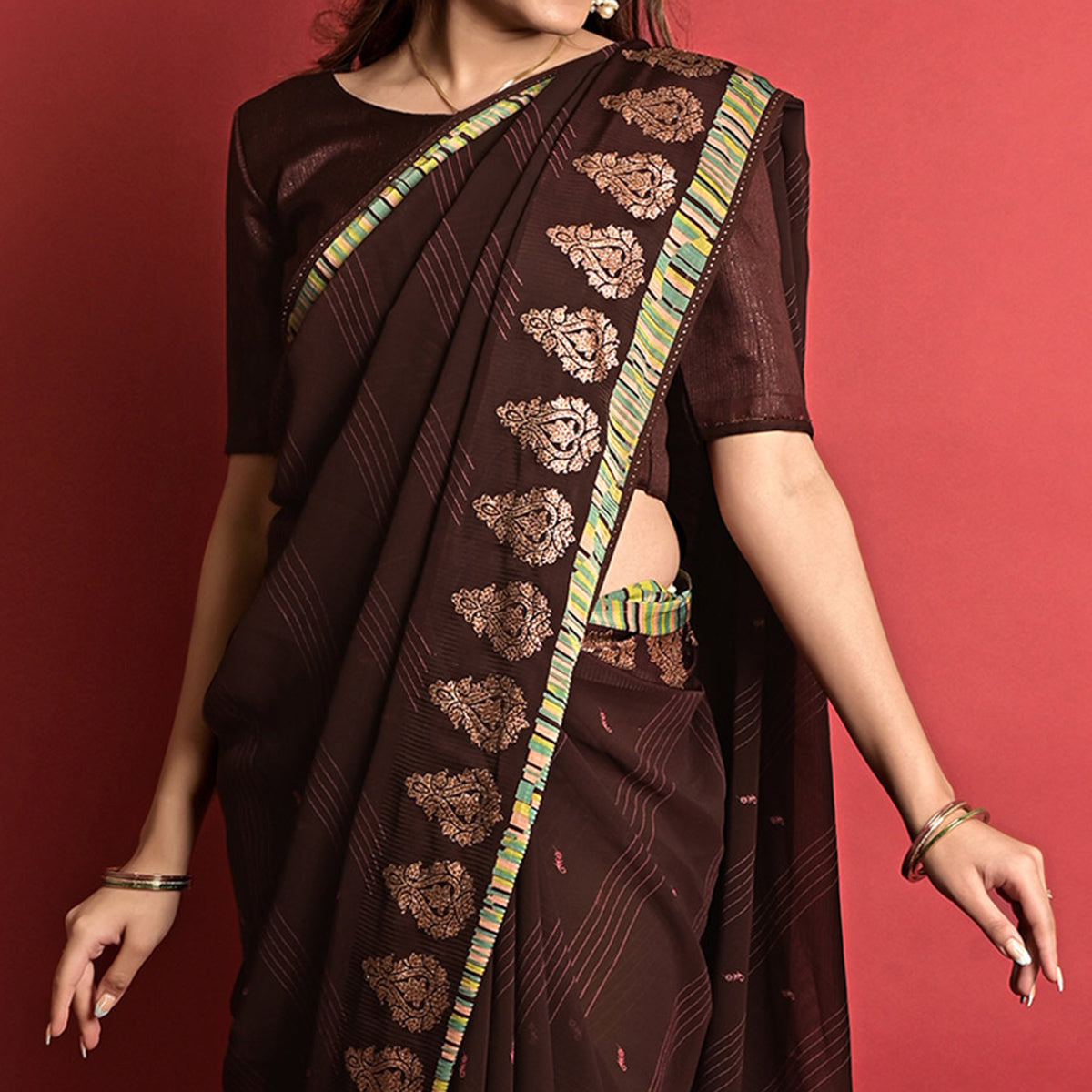 Coffee Brown Printed Georgette Saree