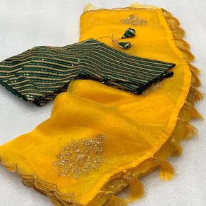 Yellow Sequins Floral Embroidered Organza Saree
