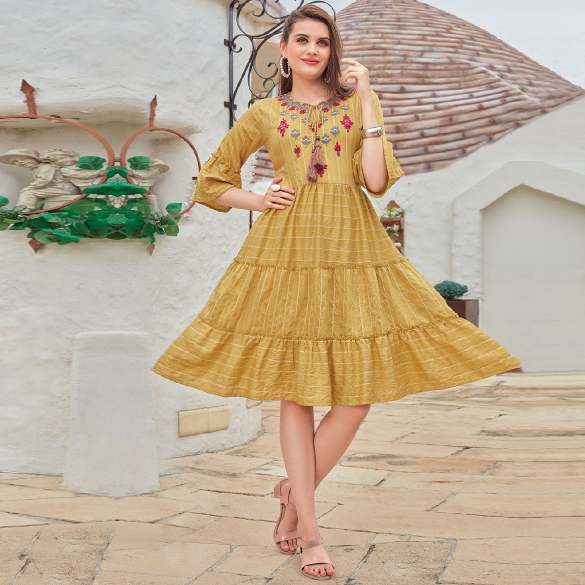 Mustard Floral Embroidered Rayon Dress