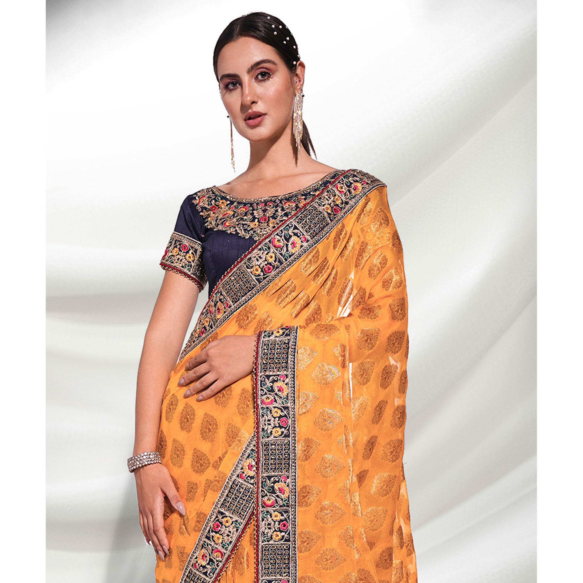 Mustard Woven With Embroidered Border Viscose Saree