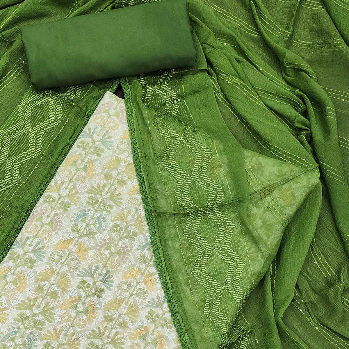Green Digital Printed With Embroidered Georgette Dress Material