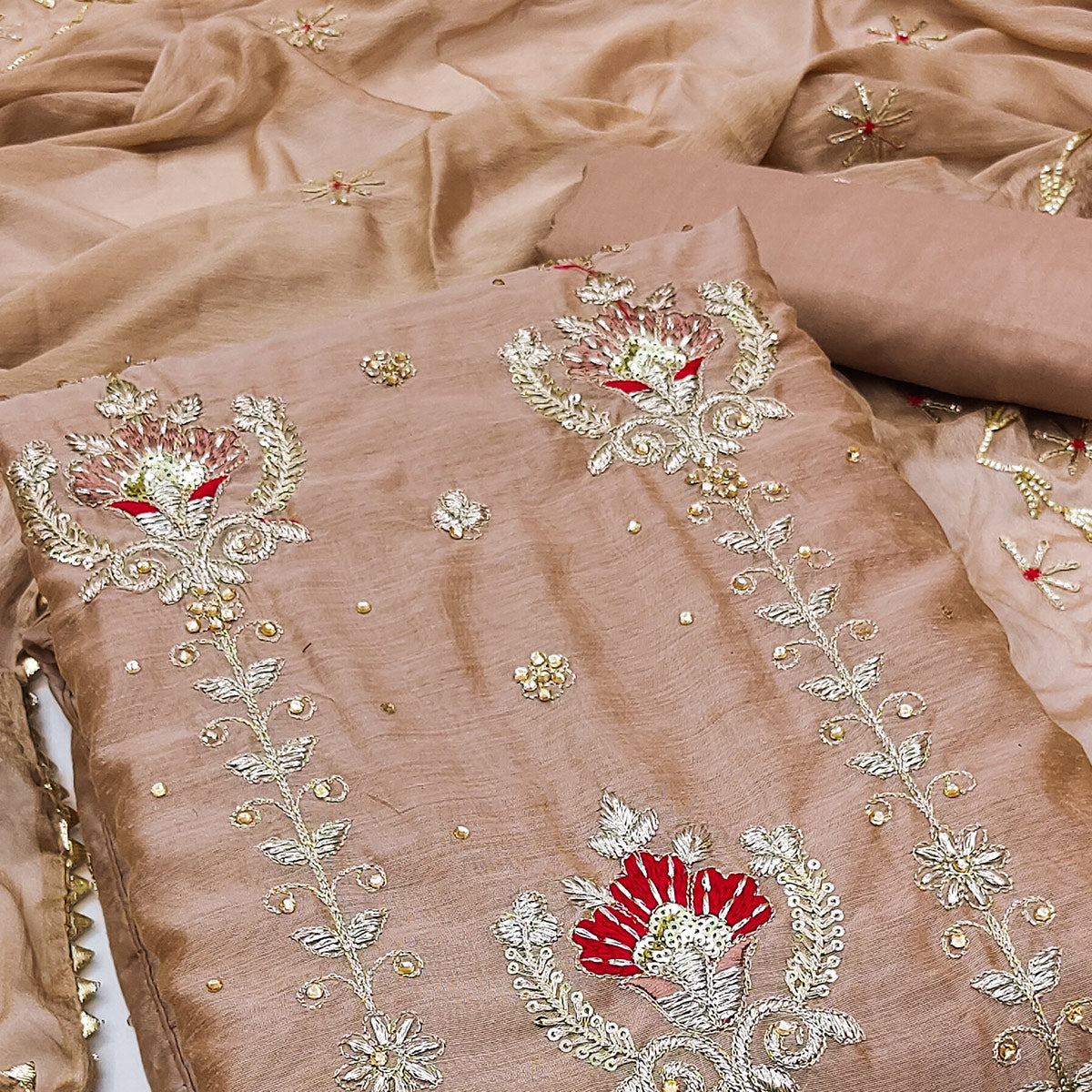 Brown Sequins Embroidered Modal Dress Material