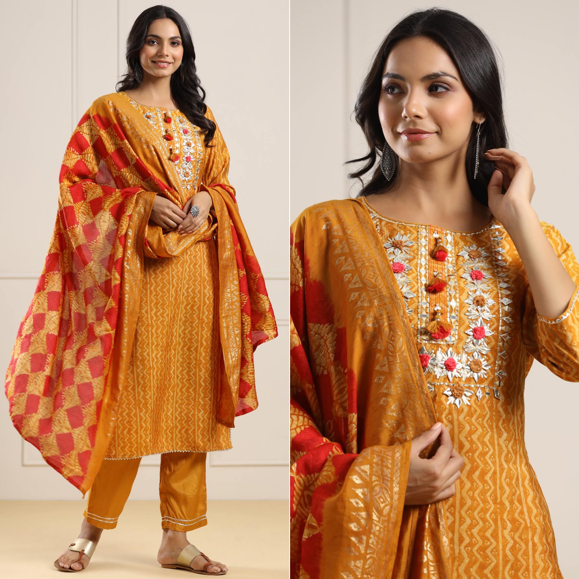 Mustard Printed With Gota Work Chanderi Salwar Suit