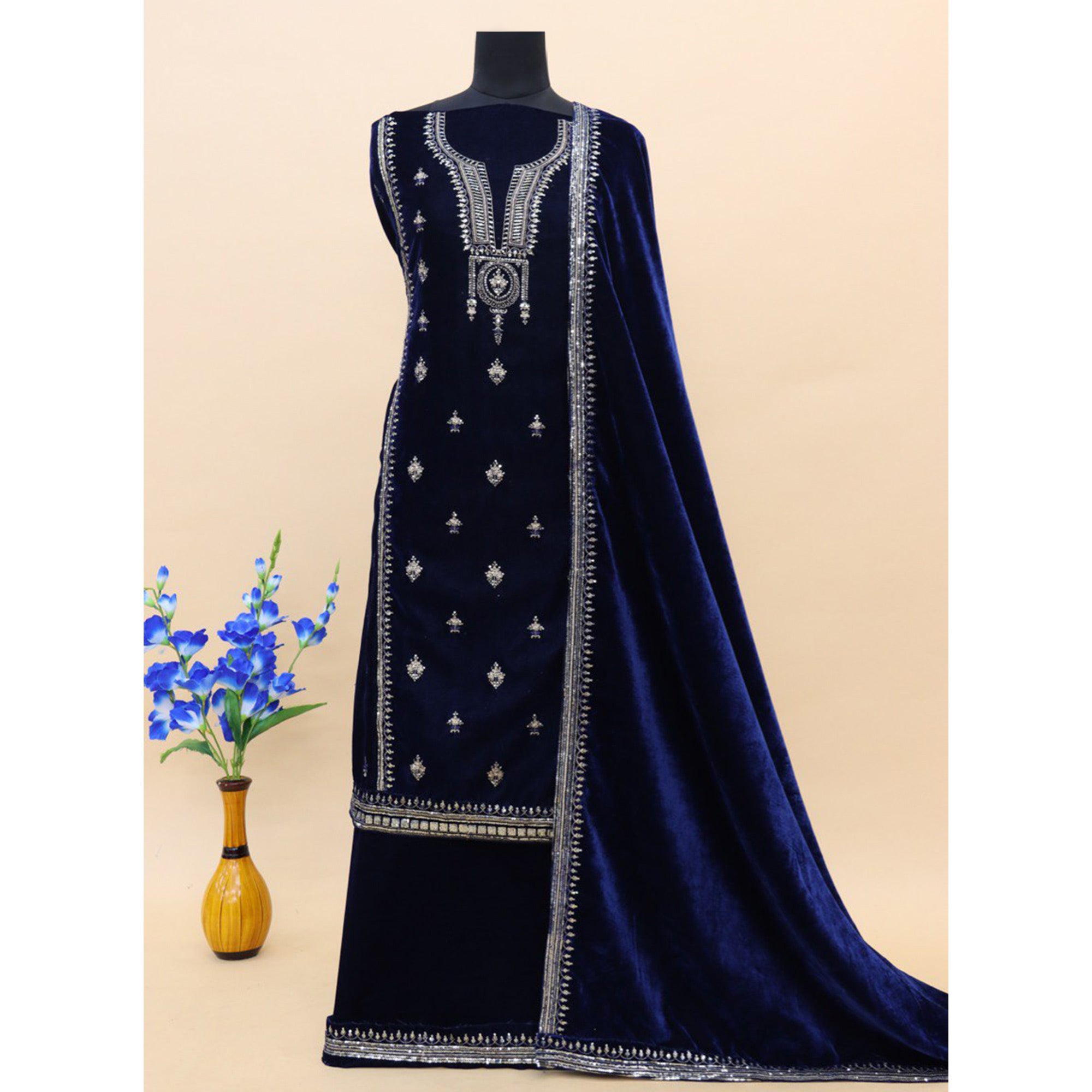 Blue Embroidered Velvet Pakistani Suit