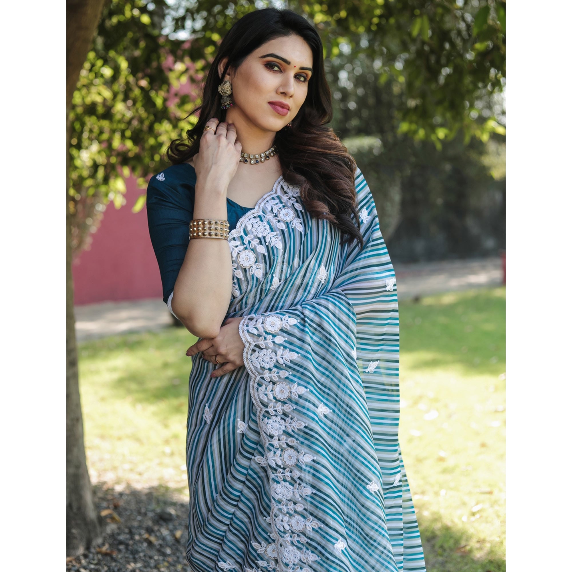 Blue Digital Printed With Embroidered Organza Saree