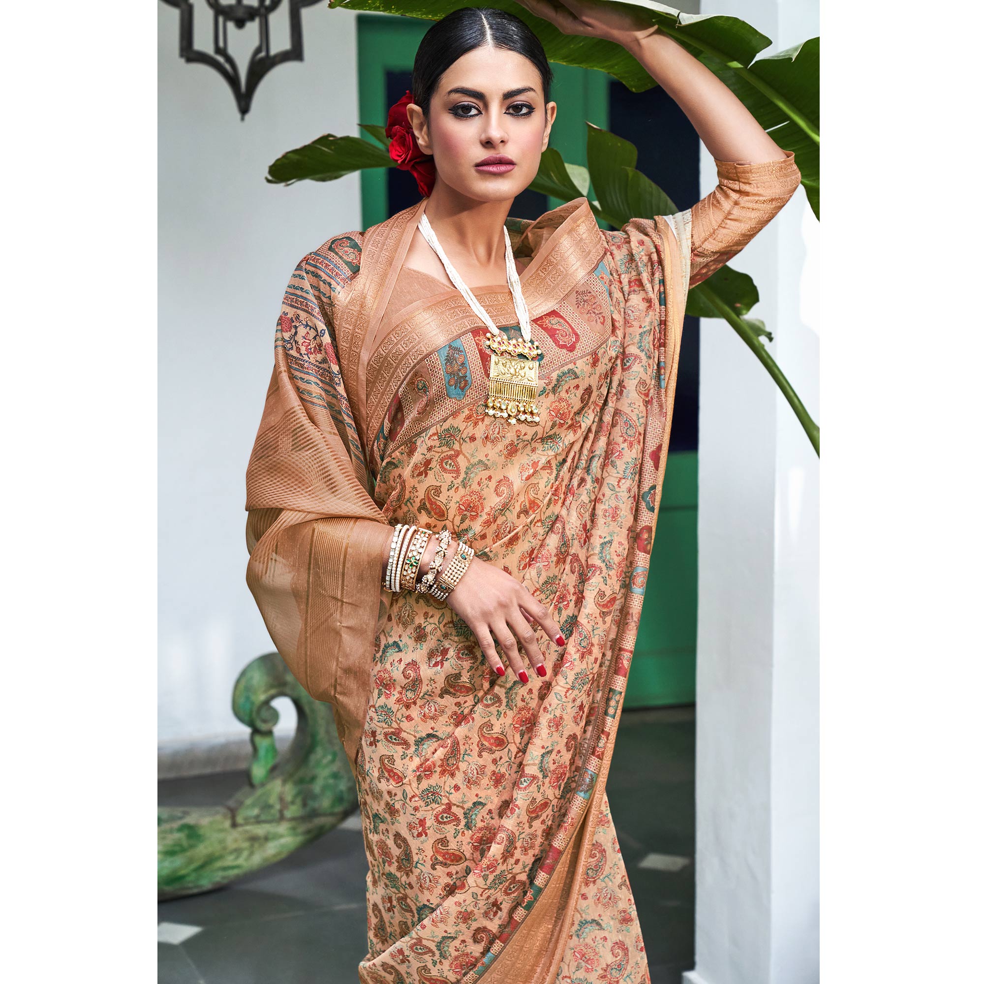 Peach Digital Printed Linen Saree