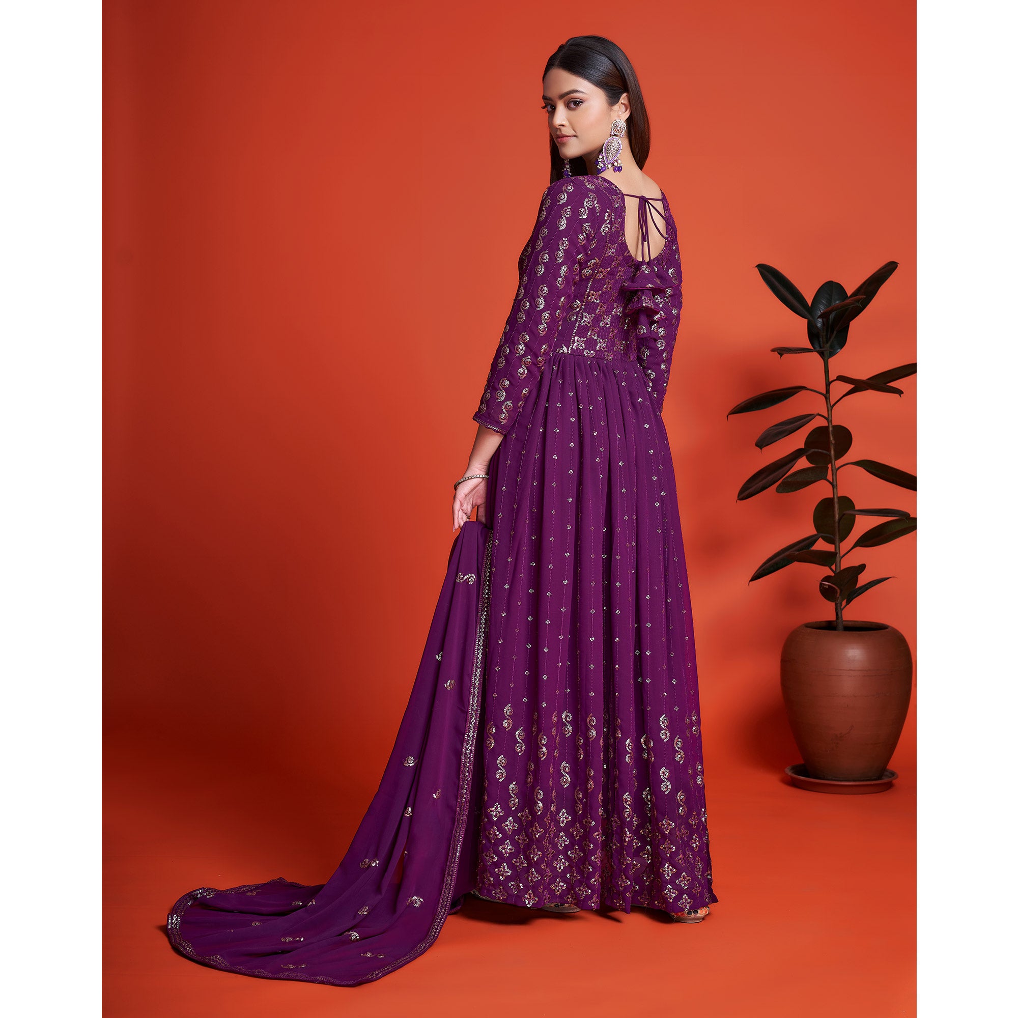 Purple Sequins Embroidered Georgette Gown With Dupatta