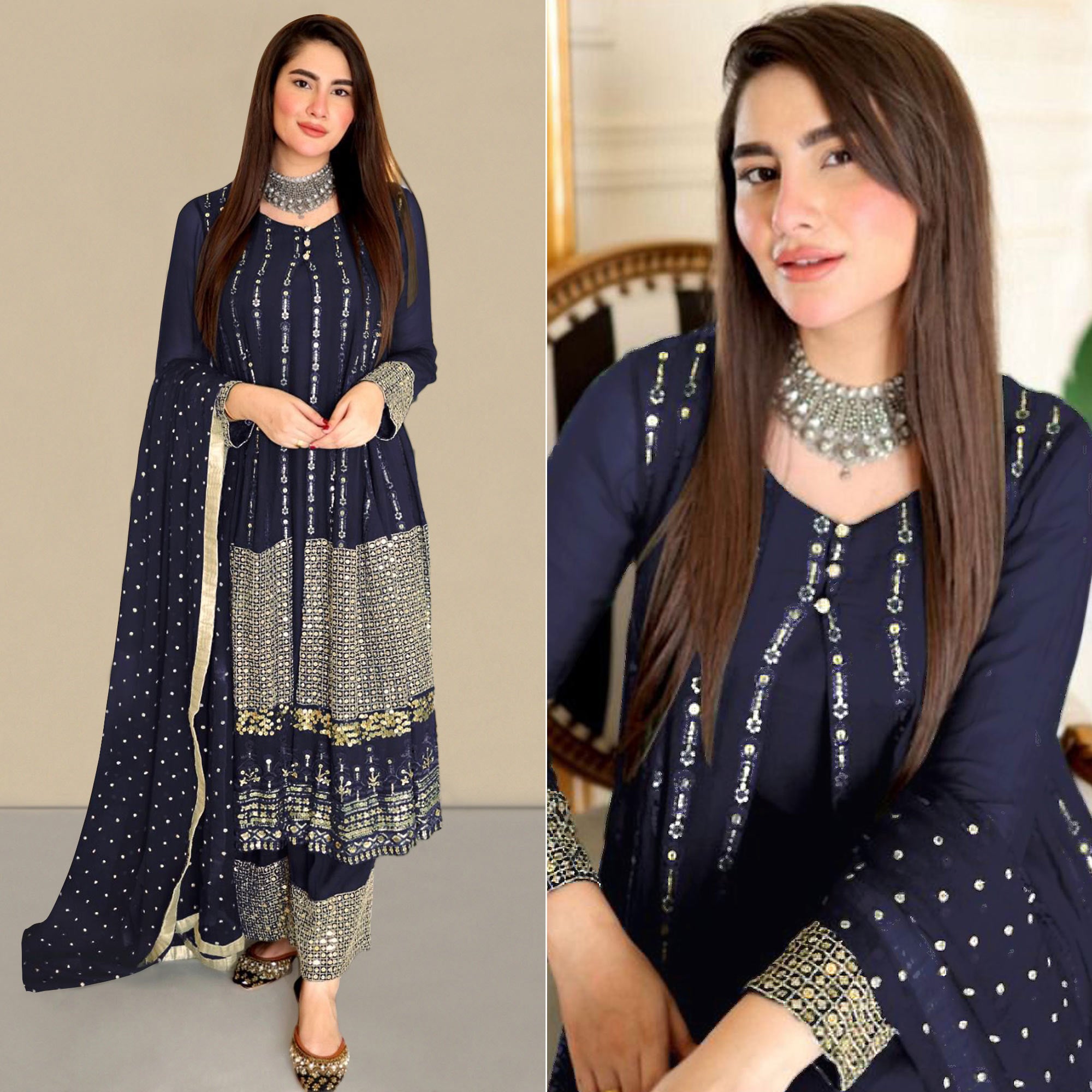 Blue Sequins Embroidered Georgette Pakistani Suit