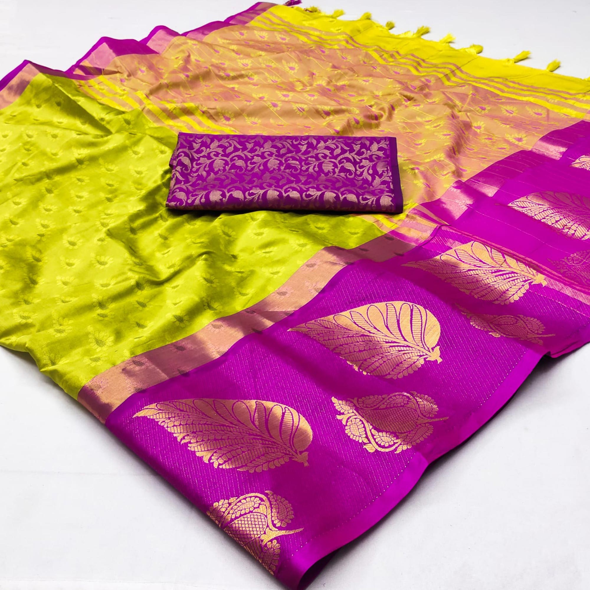 Lemon Green & Magenta Woven Cotton Silk Saree With Tassels