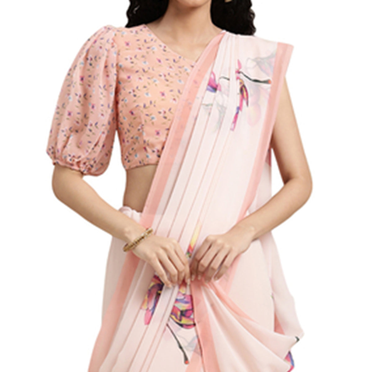 Peach Floral Digital Printed Georgette Saree