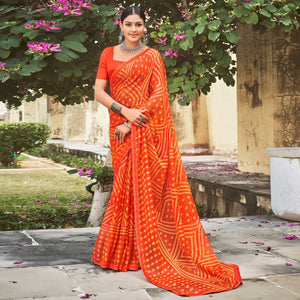 Orange Printed Chiffon Saree