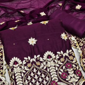 Wine Floral Embroidered Modal Dress Material