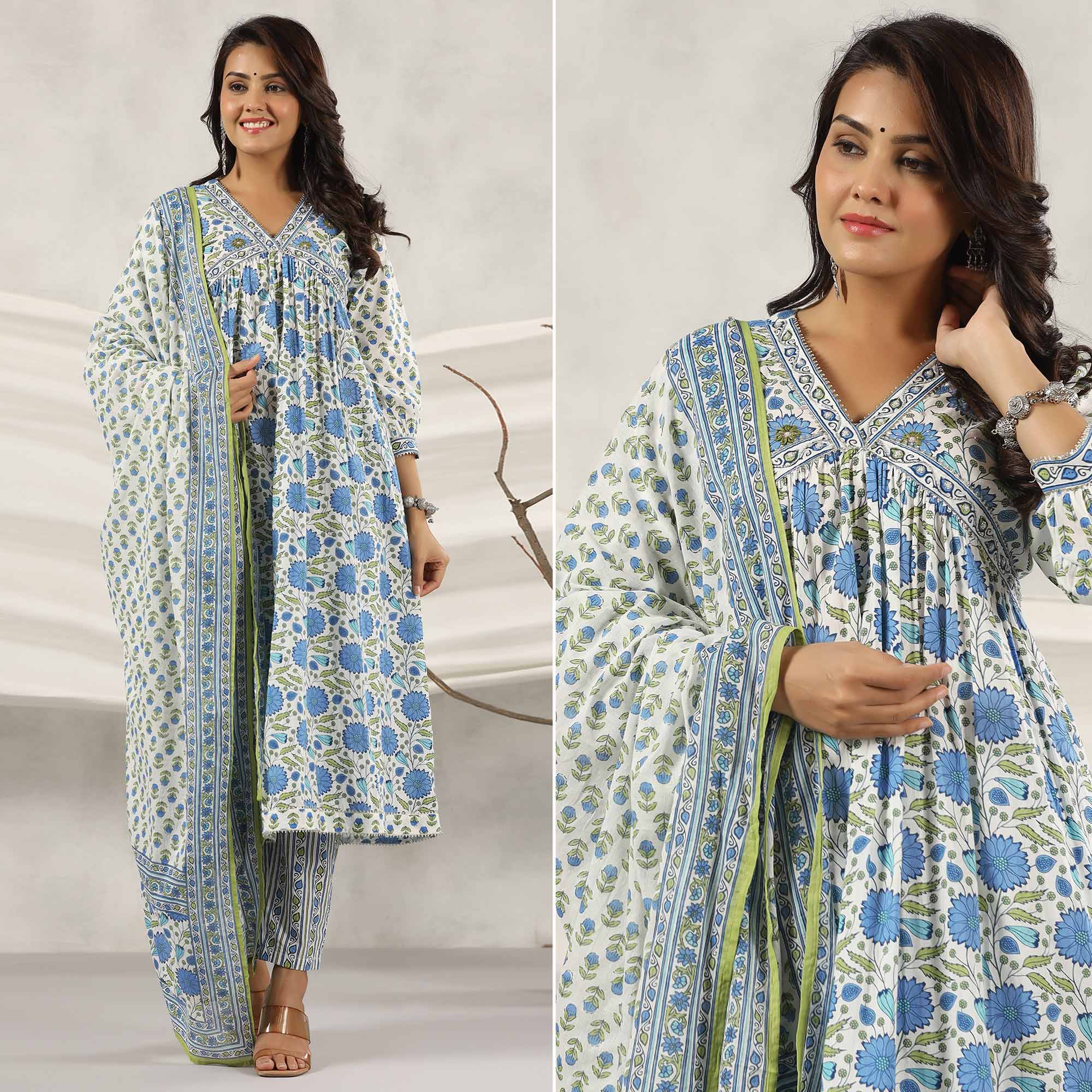 Blue Jaipuri Printed Pure Cotton Anarkali Suit
