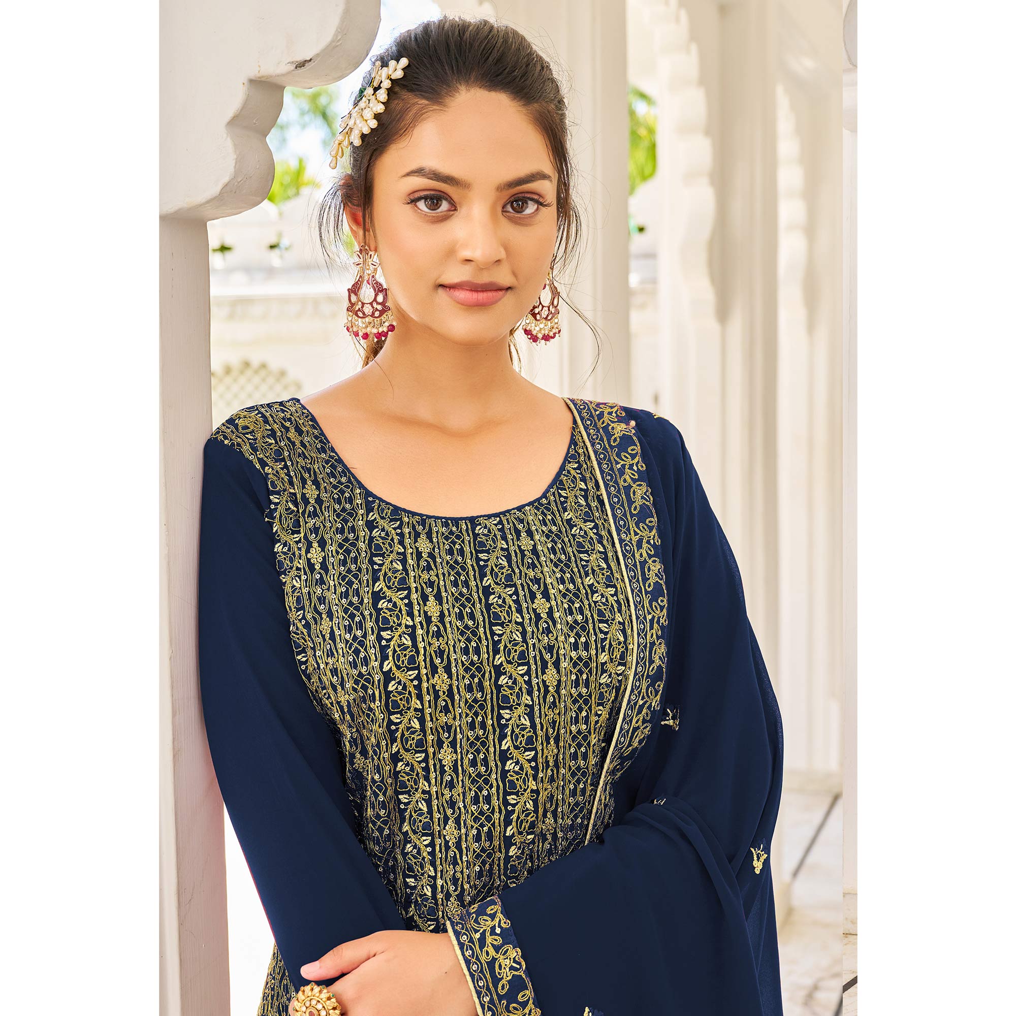 Navy Blue Sequins Embroidered Georgette Suit