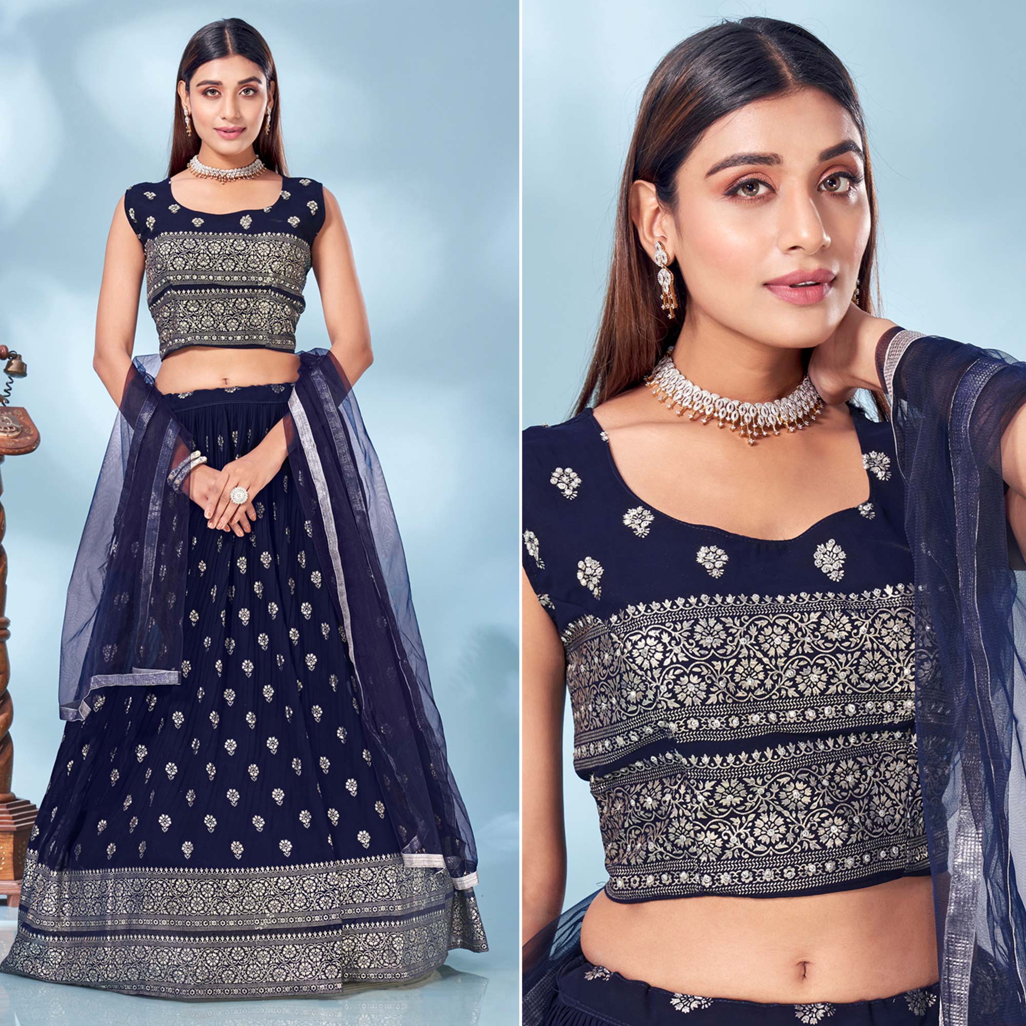 Navy Blue Floral Foil Printed Chiffon Lehenga Choli