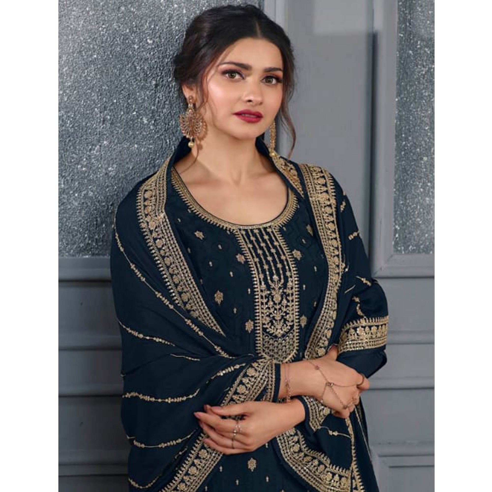 Navy Blue Woven With Sequins Embroidered Dola Silk Palazzo Suit