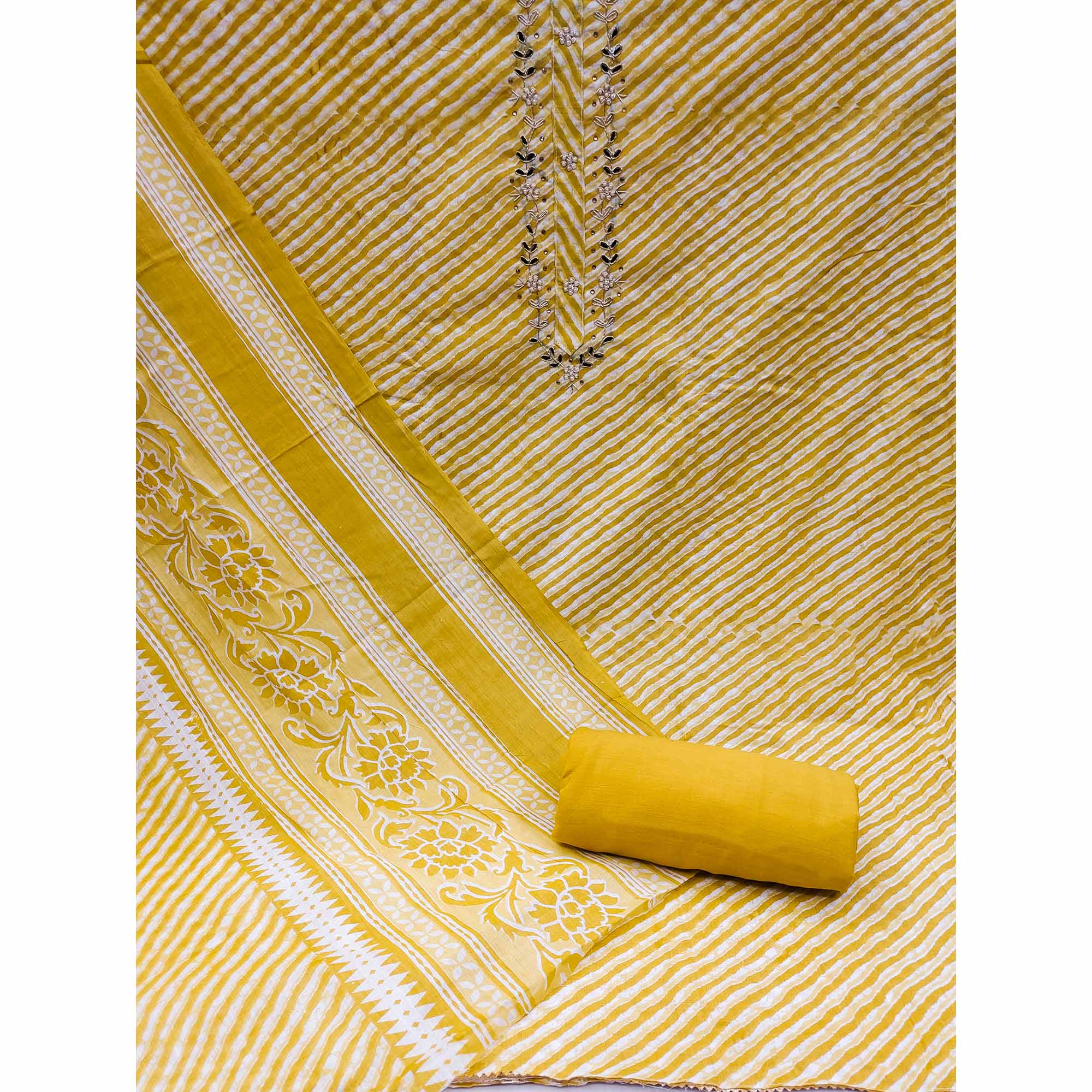Yellow Striped Printed Pure Cotton Dress Material