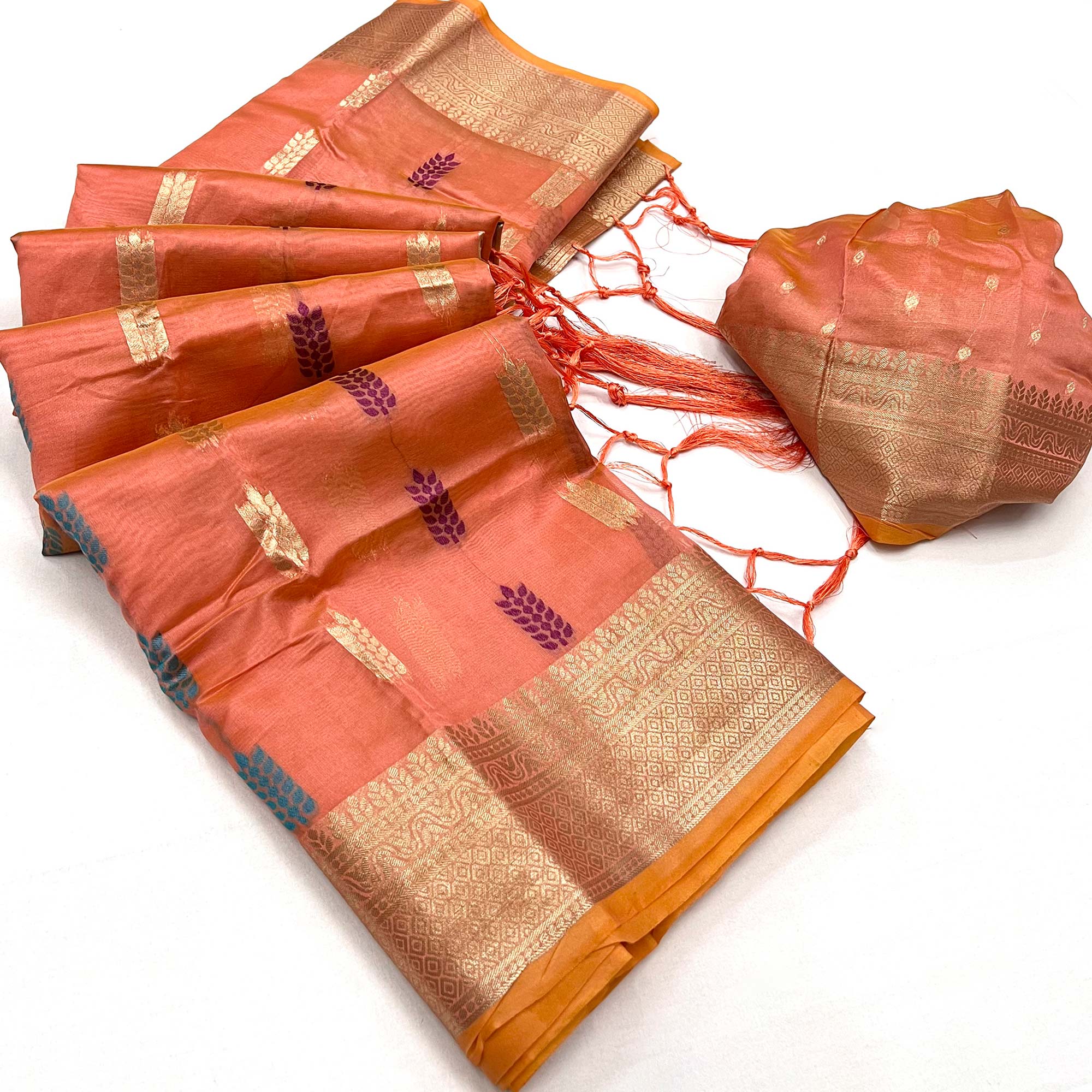 Dark Peach Floral Woven Organza Saree
