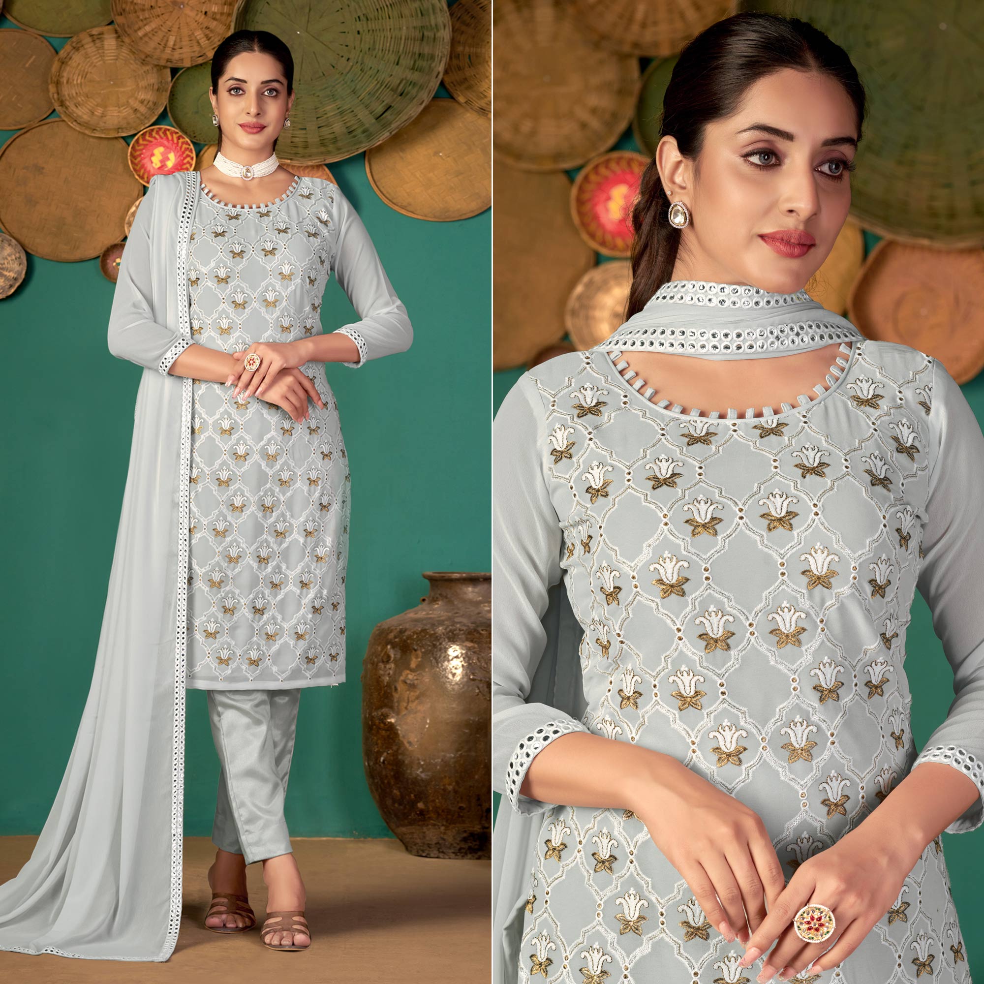 Grey Floral Embroidered Georgette Suit