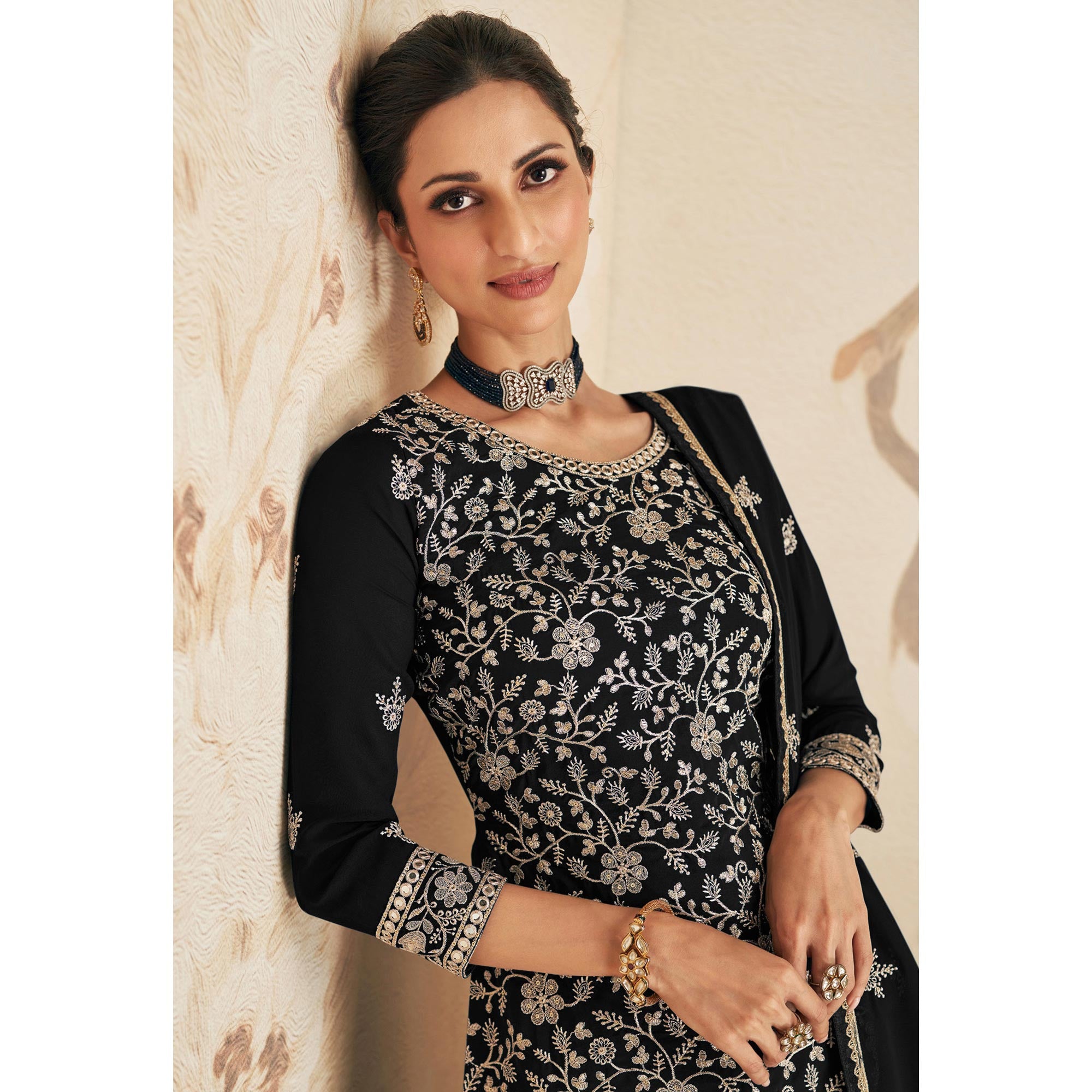 Black Sequins Embroidered Georgette Sharara Suit