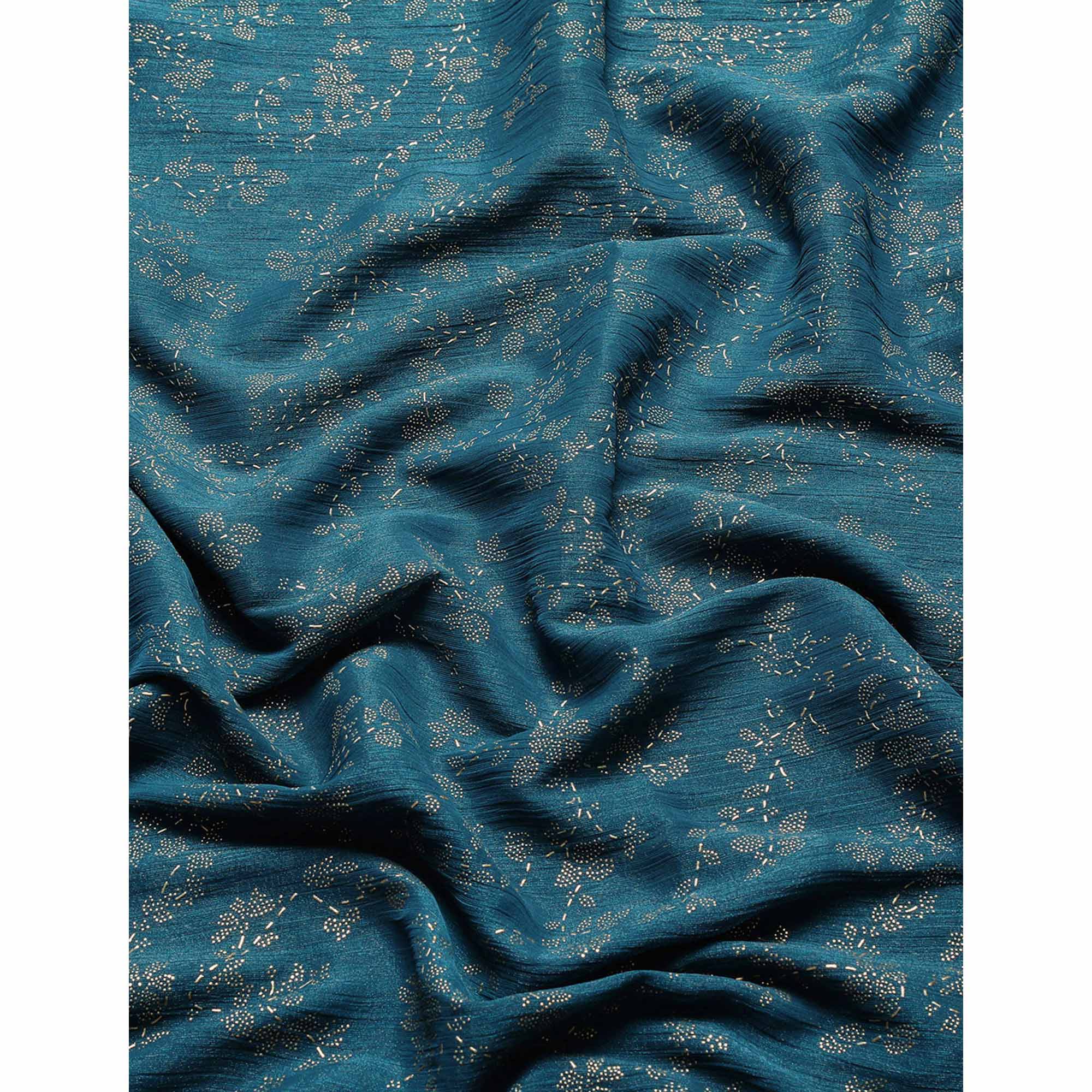 Blue Floral Foil Printed Shimmer Saree