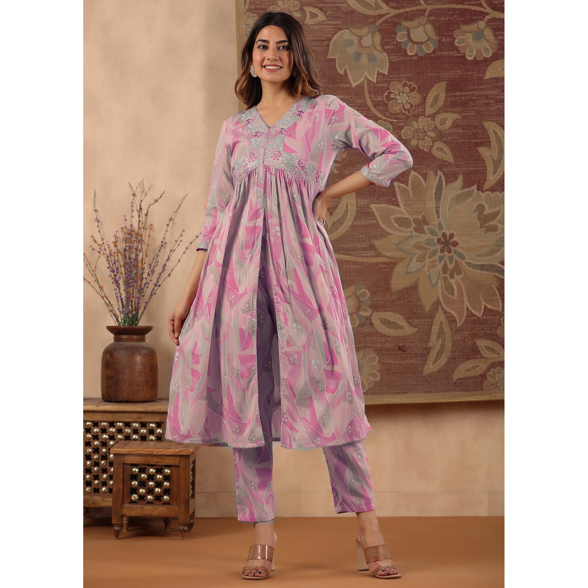 Pink Floral Printed With Embroidered Pure Cotton Suit