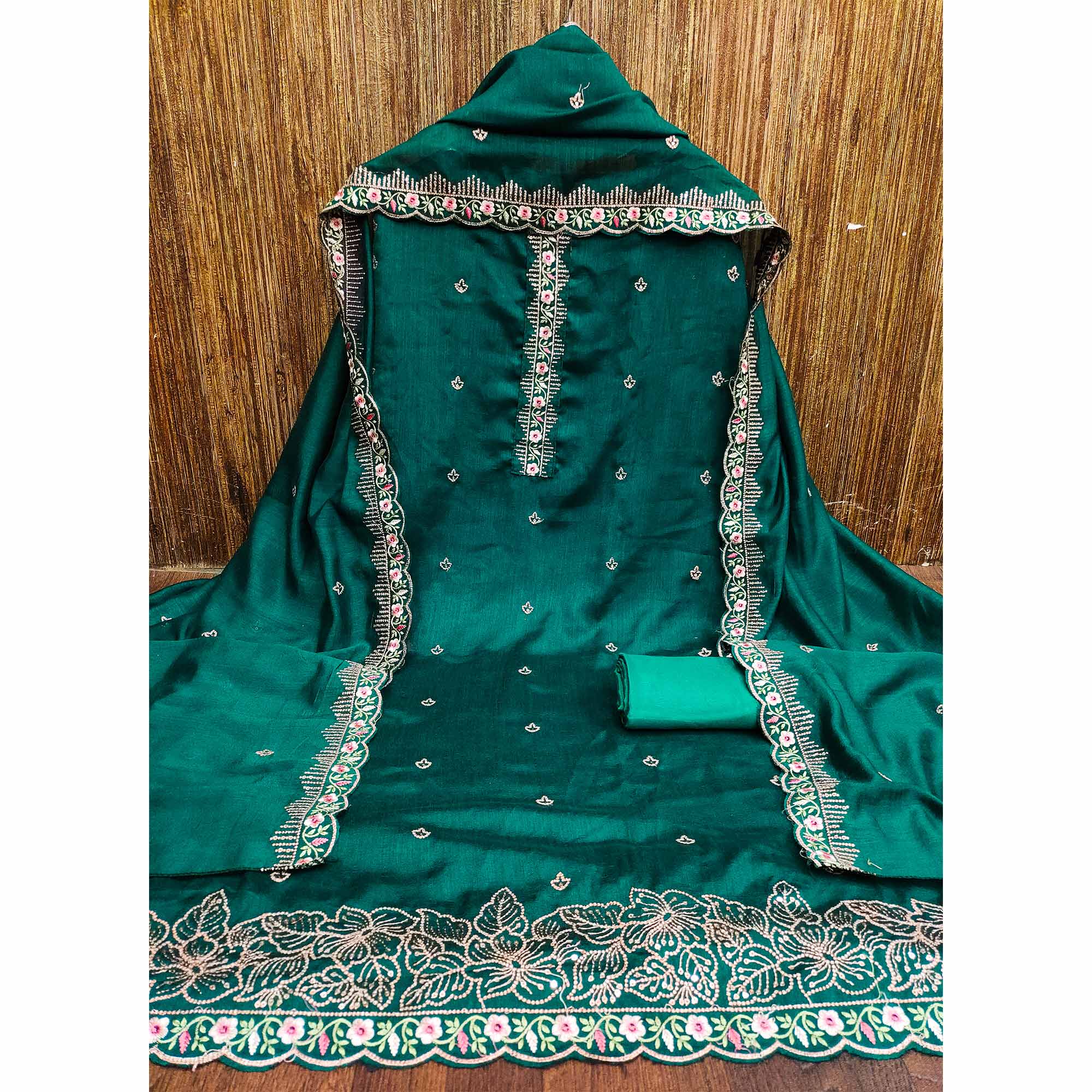 Rama Green Floral Embroidered Vichitra Silk Dress Material