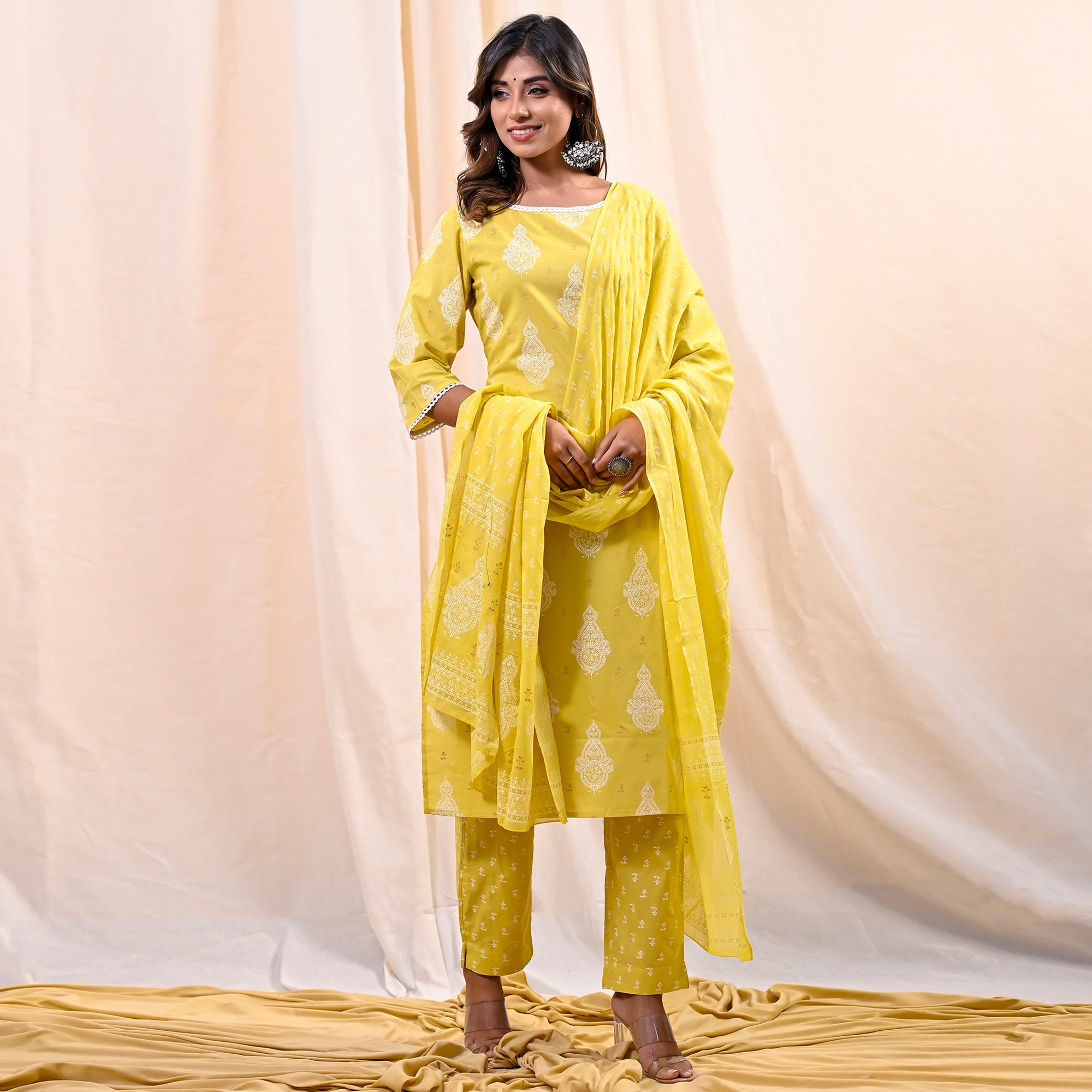 Yellow Printed Pure Cotton Salwar Suit