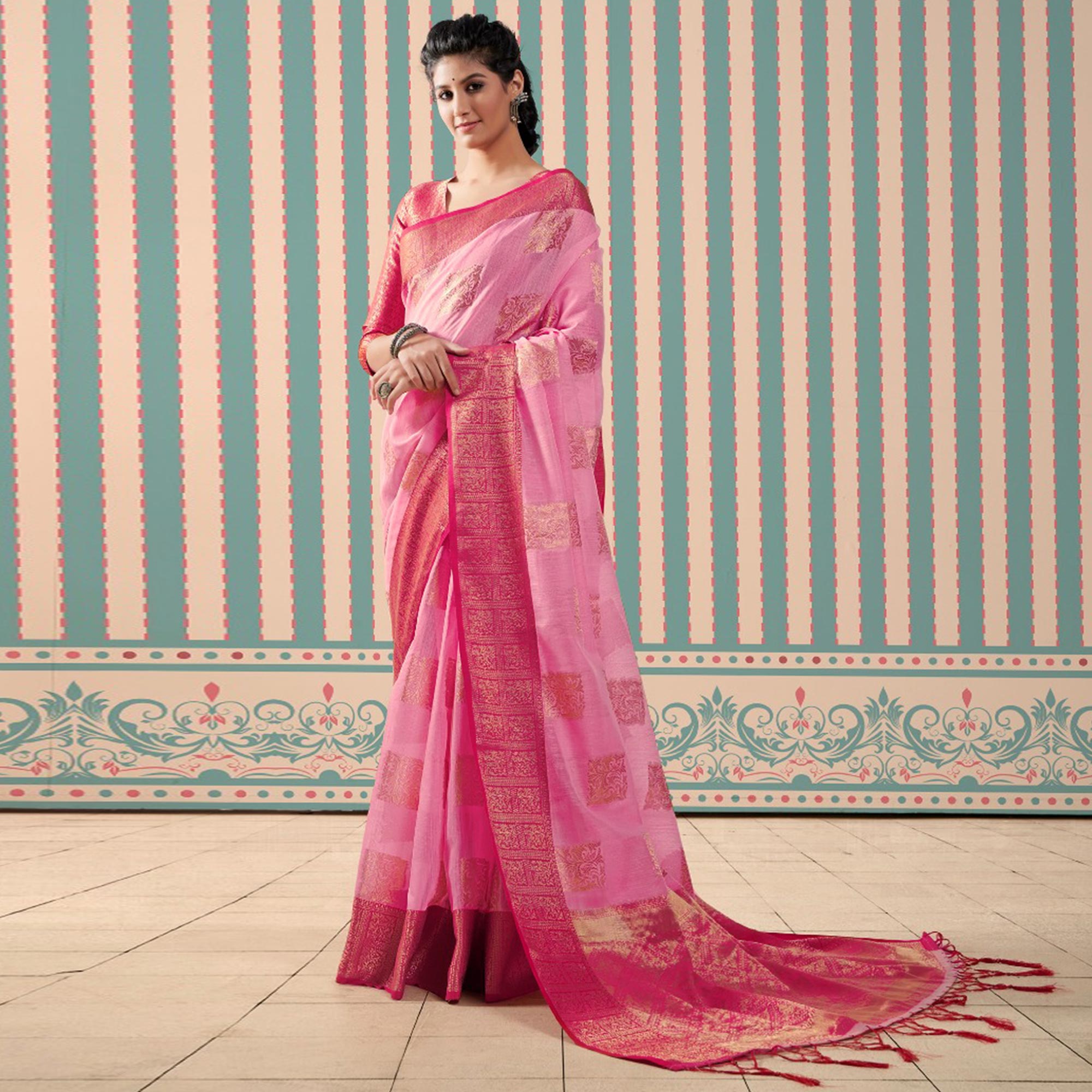 Pink Woven Linen Saree With Tassels