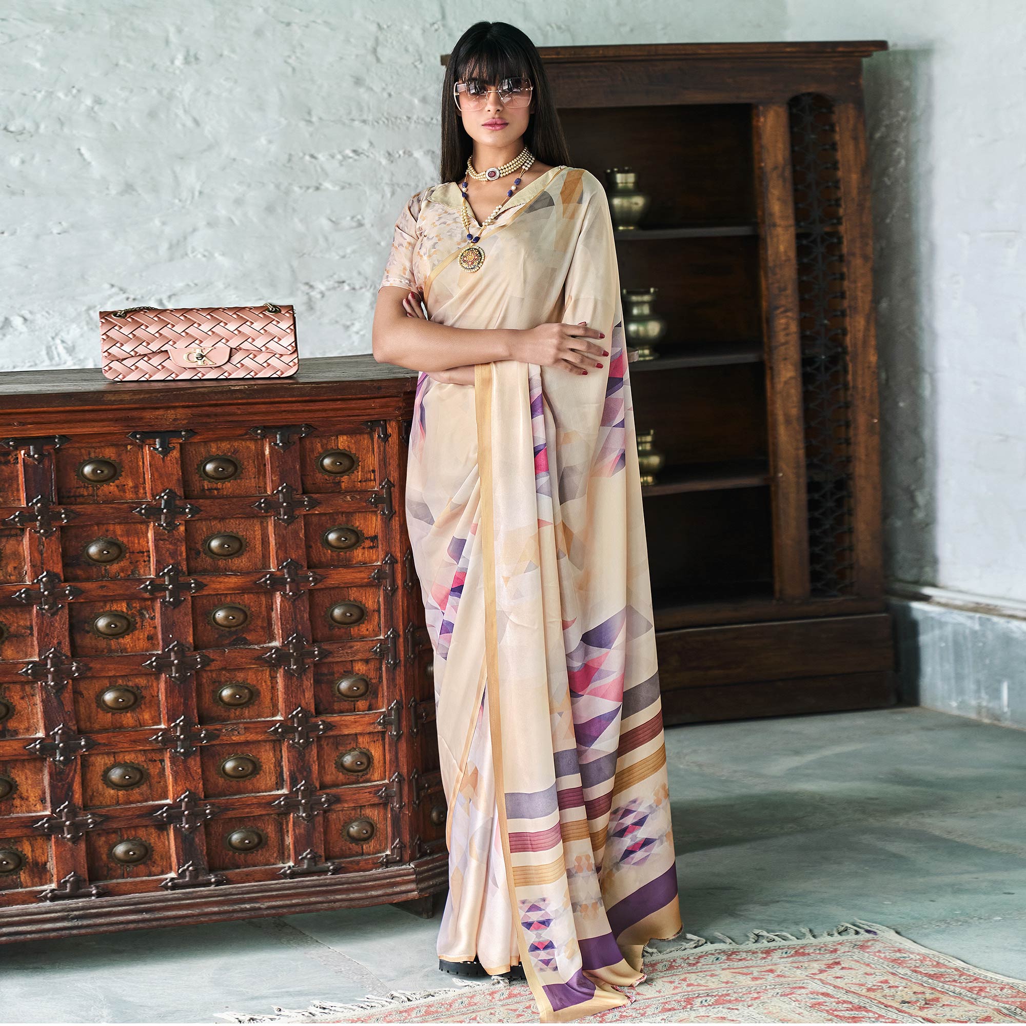 Beige Digital Printed Satin Saree